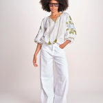 tunica ricamo fiori geometrici BE25308 WHITE LIGHT BLU benaras soleil 