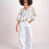 tunica ricamo fiori geometrici BE25308 WHITE LIGHT BLU benaras soleil 
