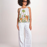 top con spalline ricamo giraffe BE25396 WHITE MULTI benaras soleil 