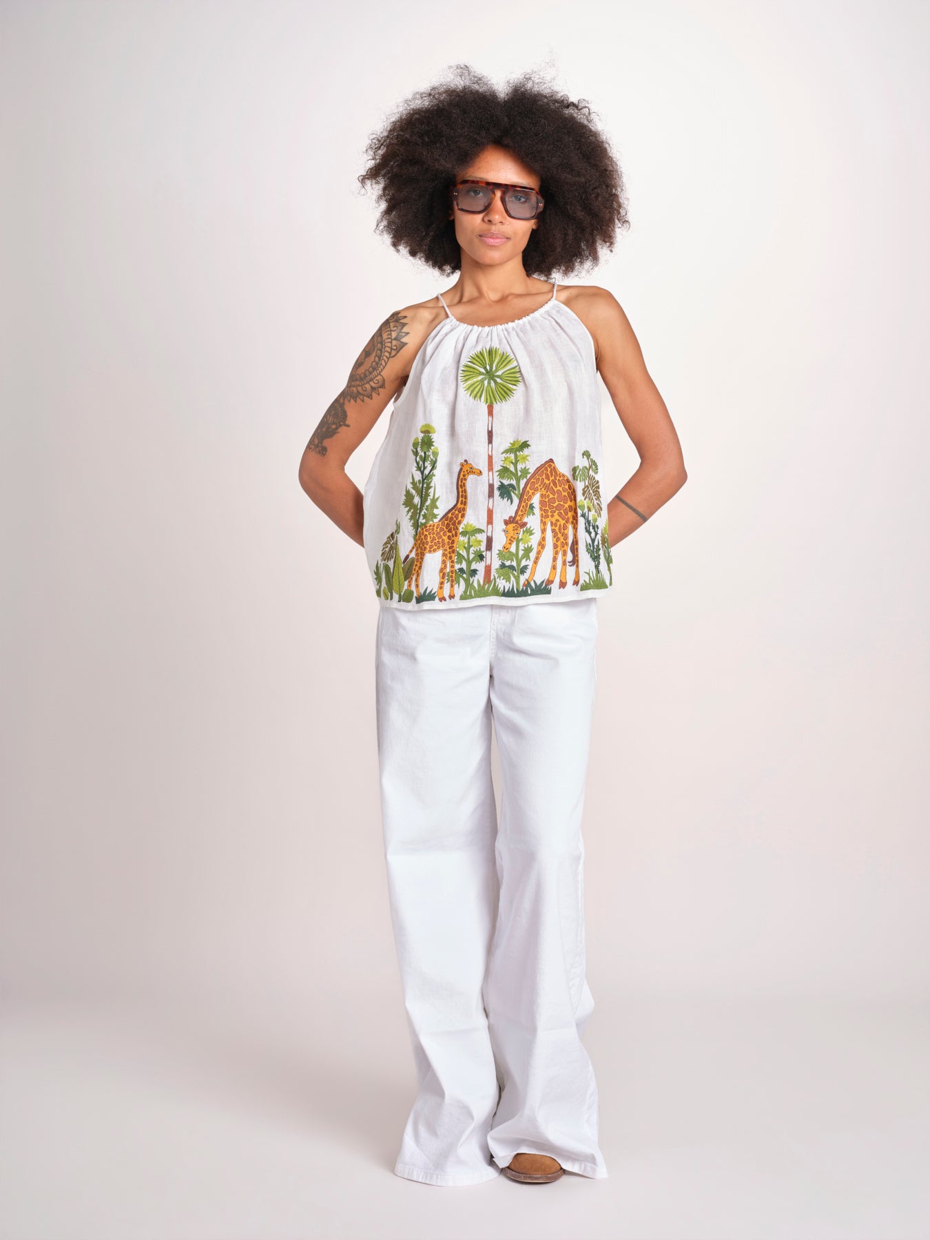 top con spalline ricamo giraffe BE25396 WHITE MULTI benaras soleil 