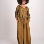 camicia in seta ricamo fiori BE25407 KHAKI BLU benaras soleil 