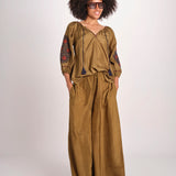 camicia in seta ricamo fiori BE25407 KHAKI BLU benaras soleil 