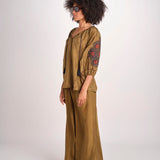 camicia in seta ricamo fiori BE25407 KHAKI BLU benaras soleil 