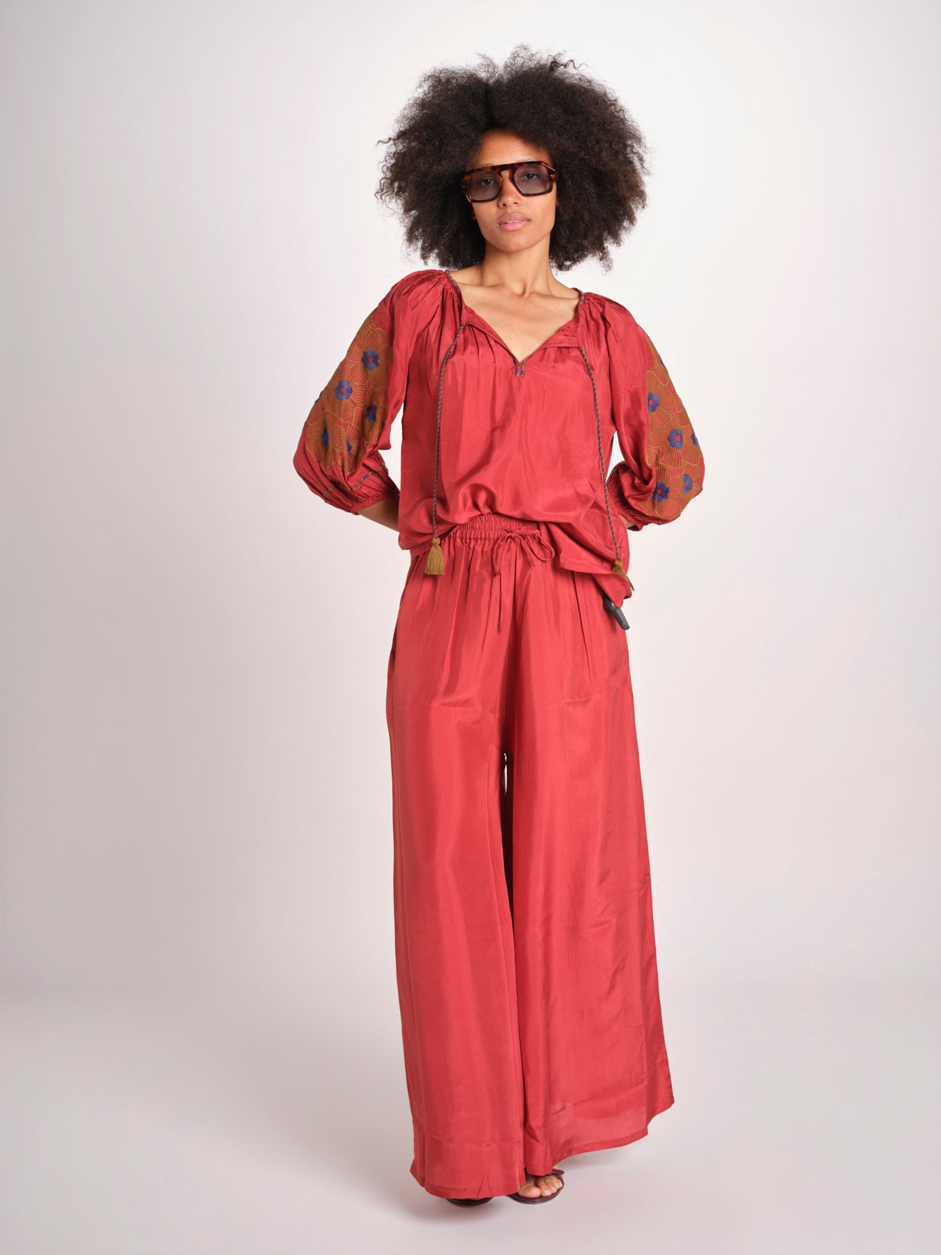 camicia in seta con ricamo fiori BE25407 RUST KHAKI benaras soleil 