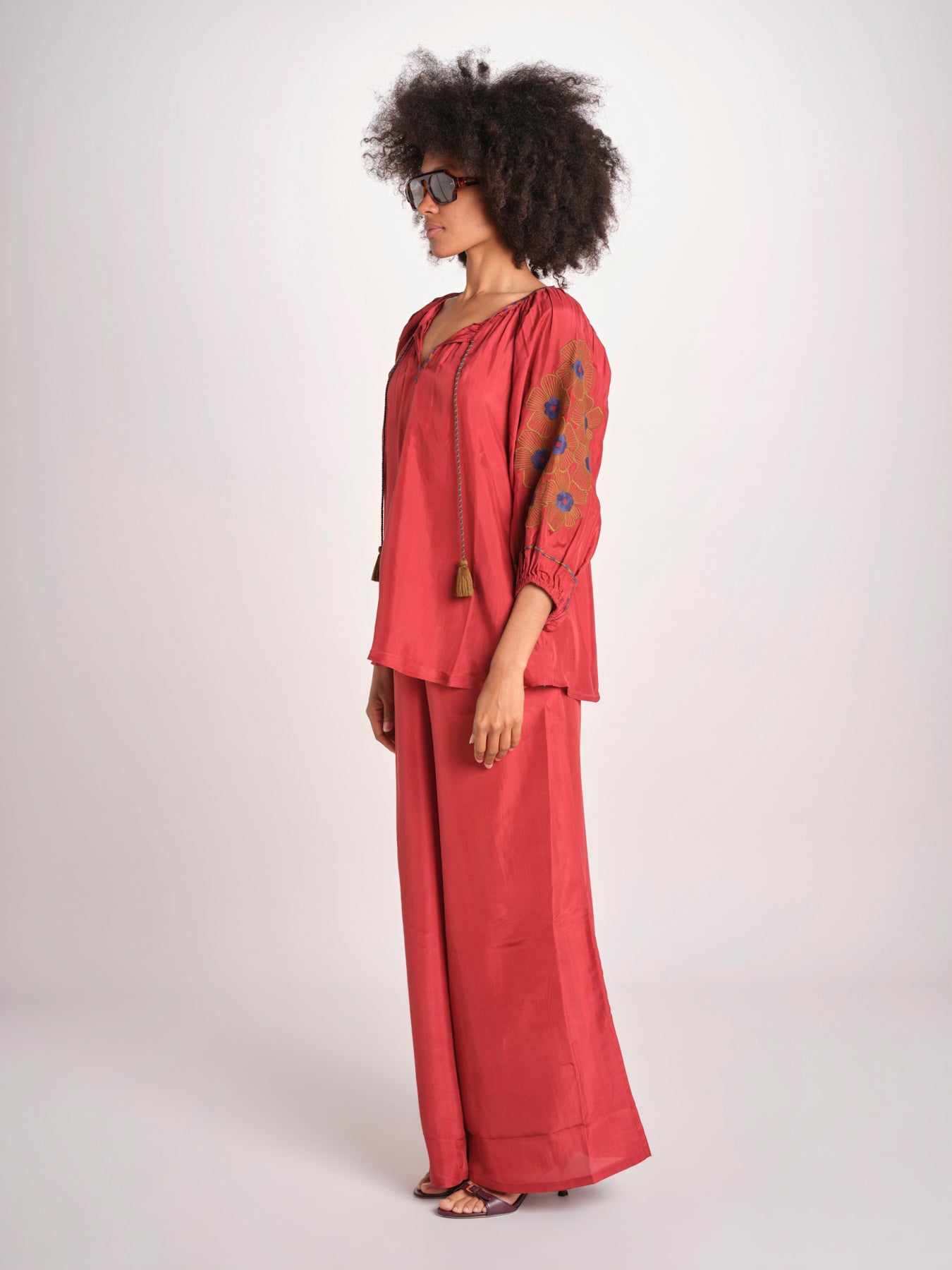 camicia in seta con ricamo fiori BE25407 RUST KHAKI benaras soleil 