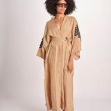 caftano lungo con ricami BE 25244 BEIGE BLACK benaras soleil 