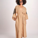 caftano lungo con ricami BE 25244 BEIGE BLACK benaras soleil 