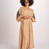 caftano lungo con ricami BE 25244 BEIGE BLACK benaras soleil 