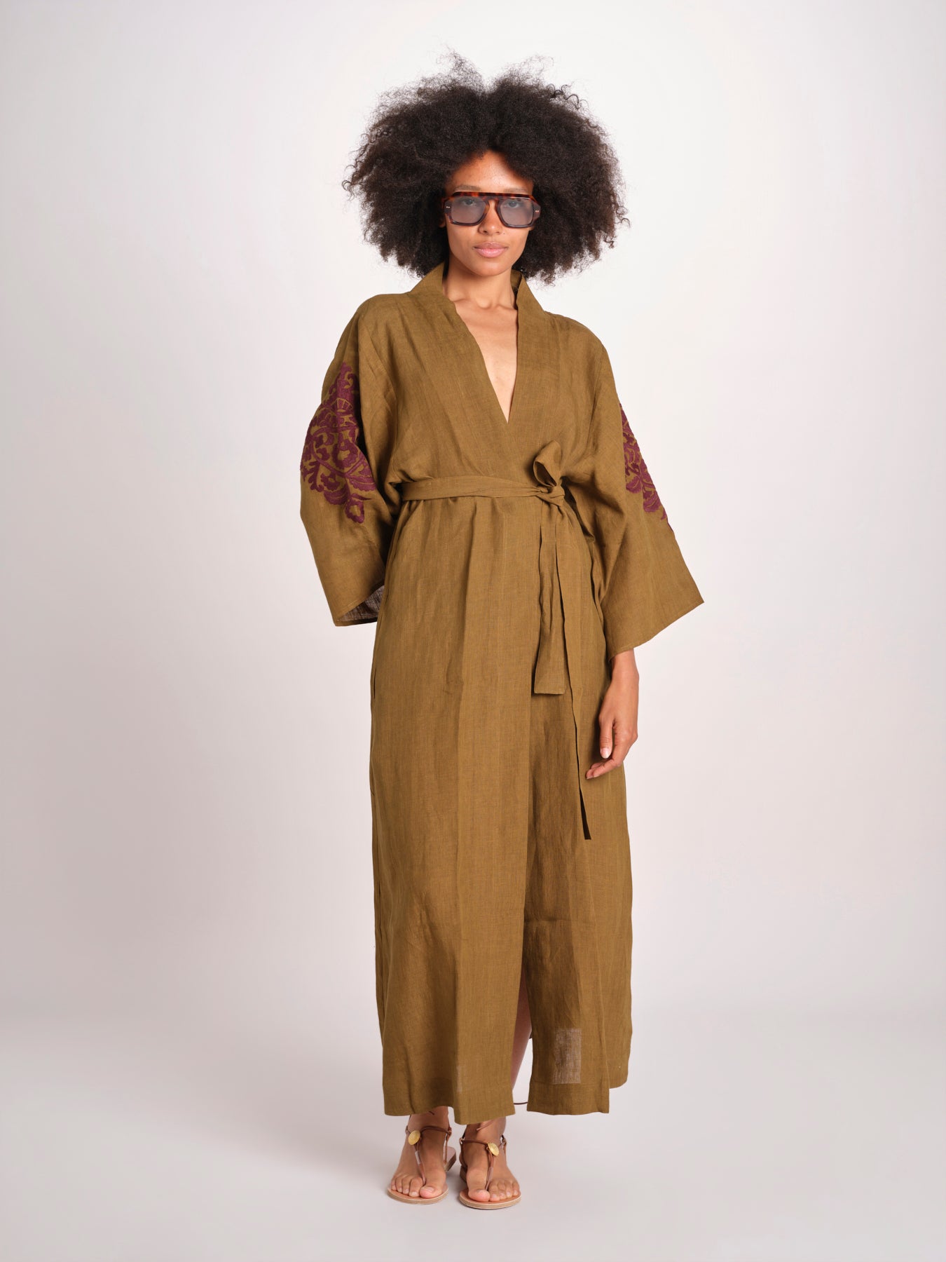 caftano lungo con ricami BE 25244 KHAKI WHINE benaras soleil 