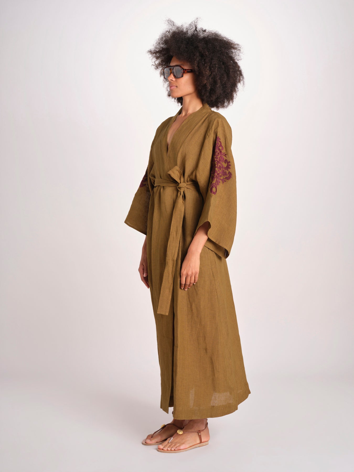 caftano lungo con ricami BE 25244 KHAKI WHINE benaras soleil 