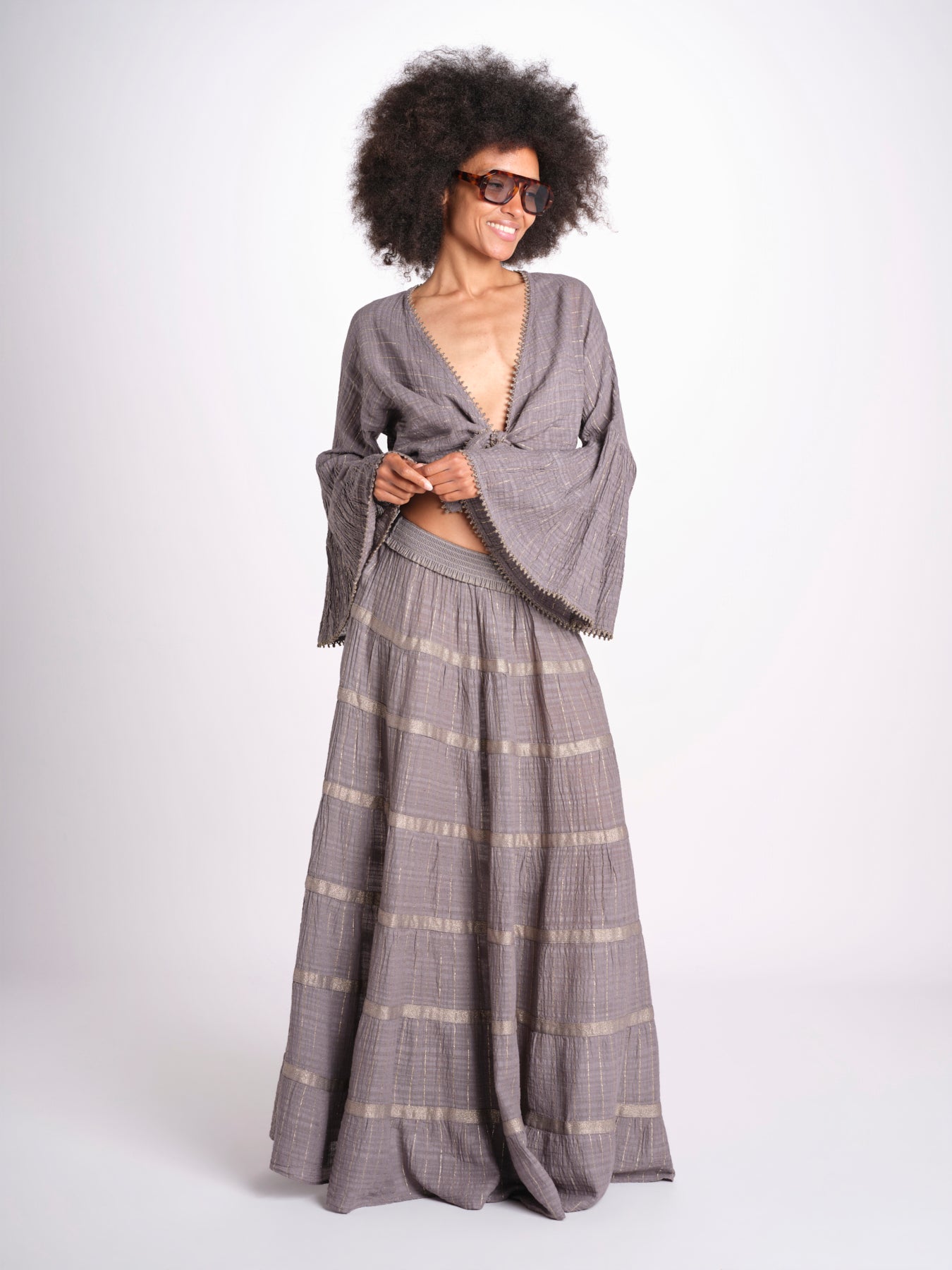 camicia cropped con nodo in lurex gessato JUNE STONE GREY christianzen 