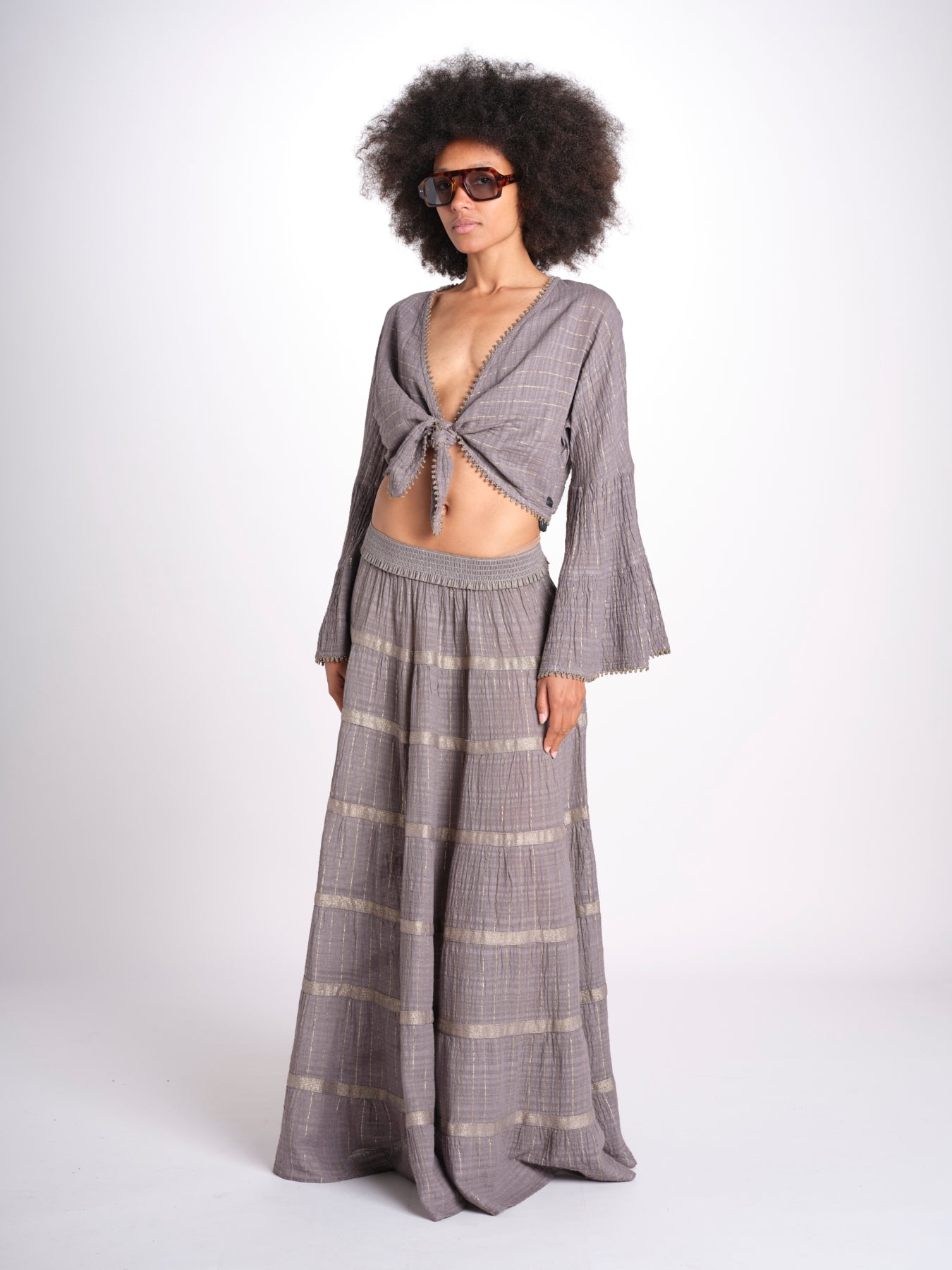 camicia cropped con nodo in lurex gessato JUNE STONE GREY christianzen 