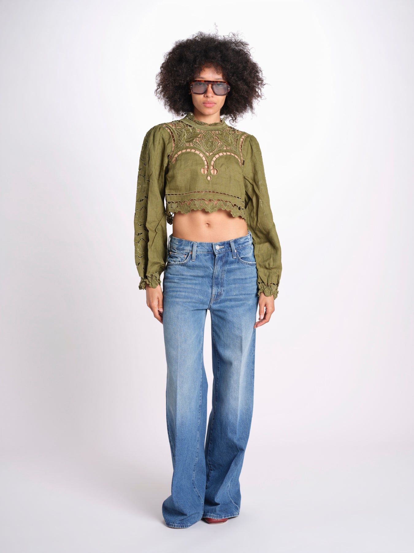 camicia cropped con intarsi fiori 344608 GREEN L0013 farm rio 