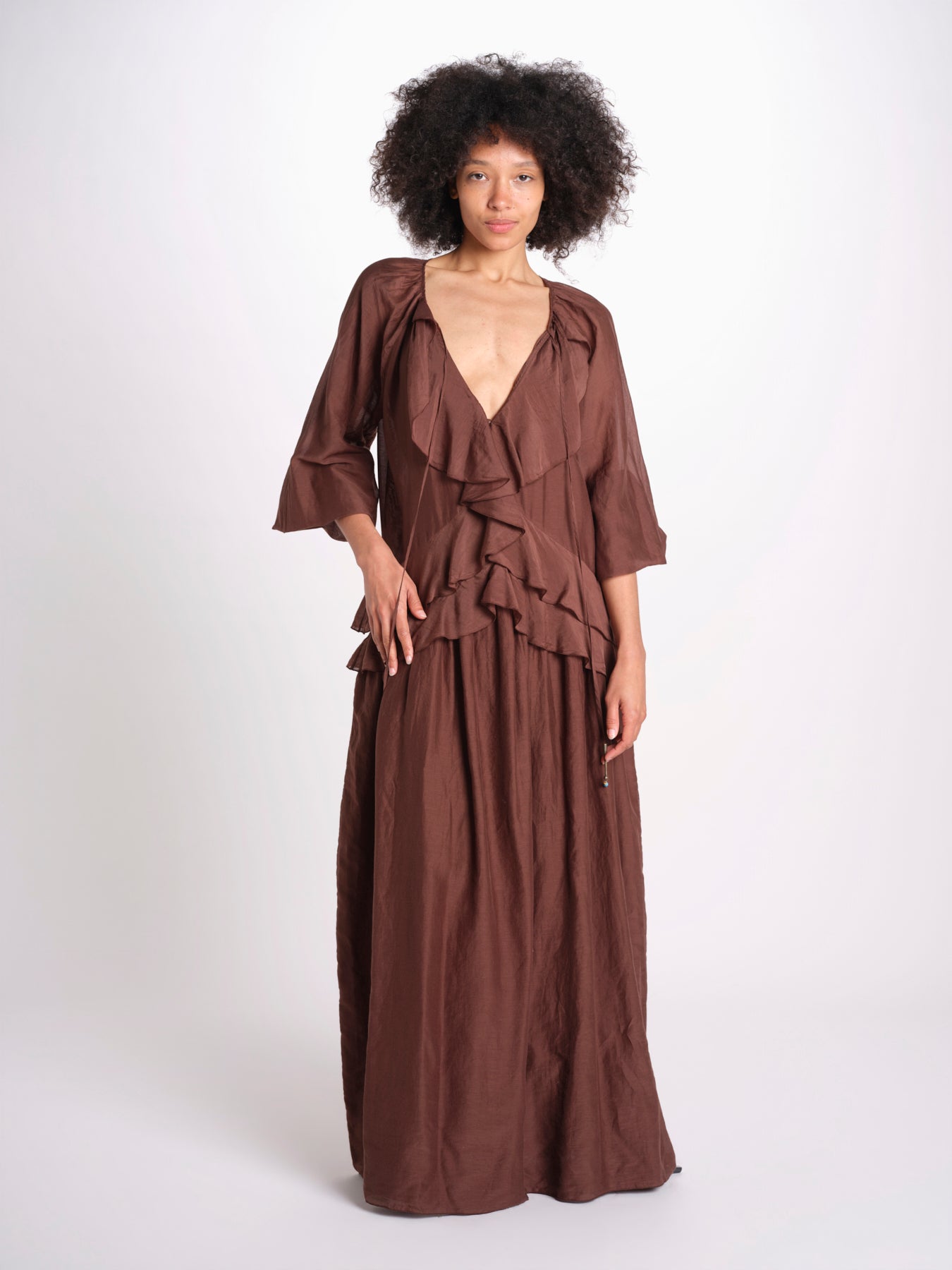 abito lungo con balze ANGE MY001 BROWN fortela 
