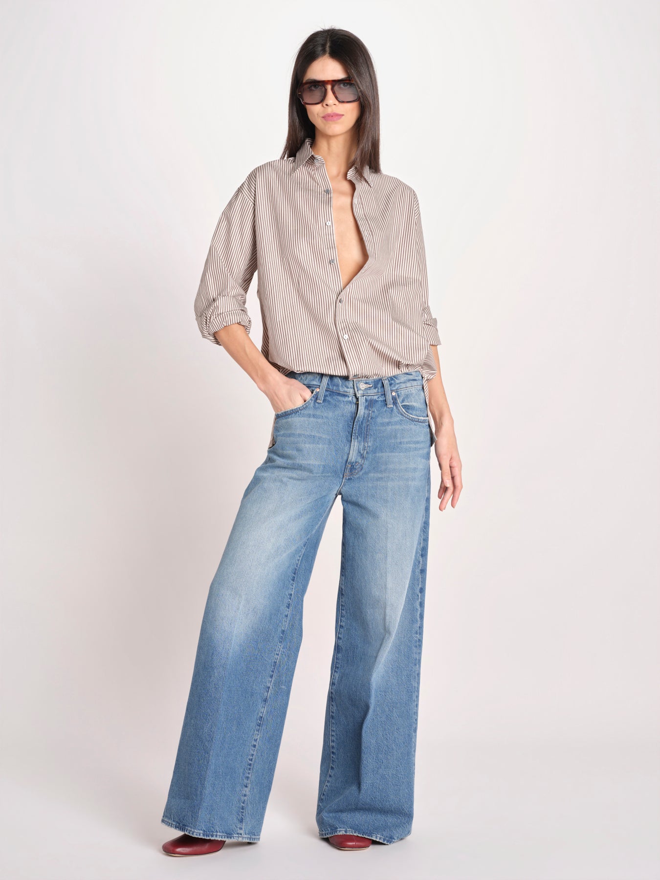 camicia a righe 16T524CO253 P158 BROWN ECRU ines de la fressange 