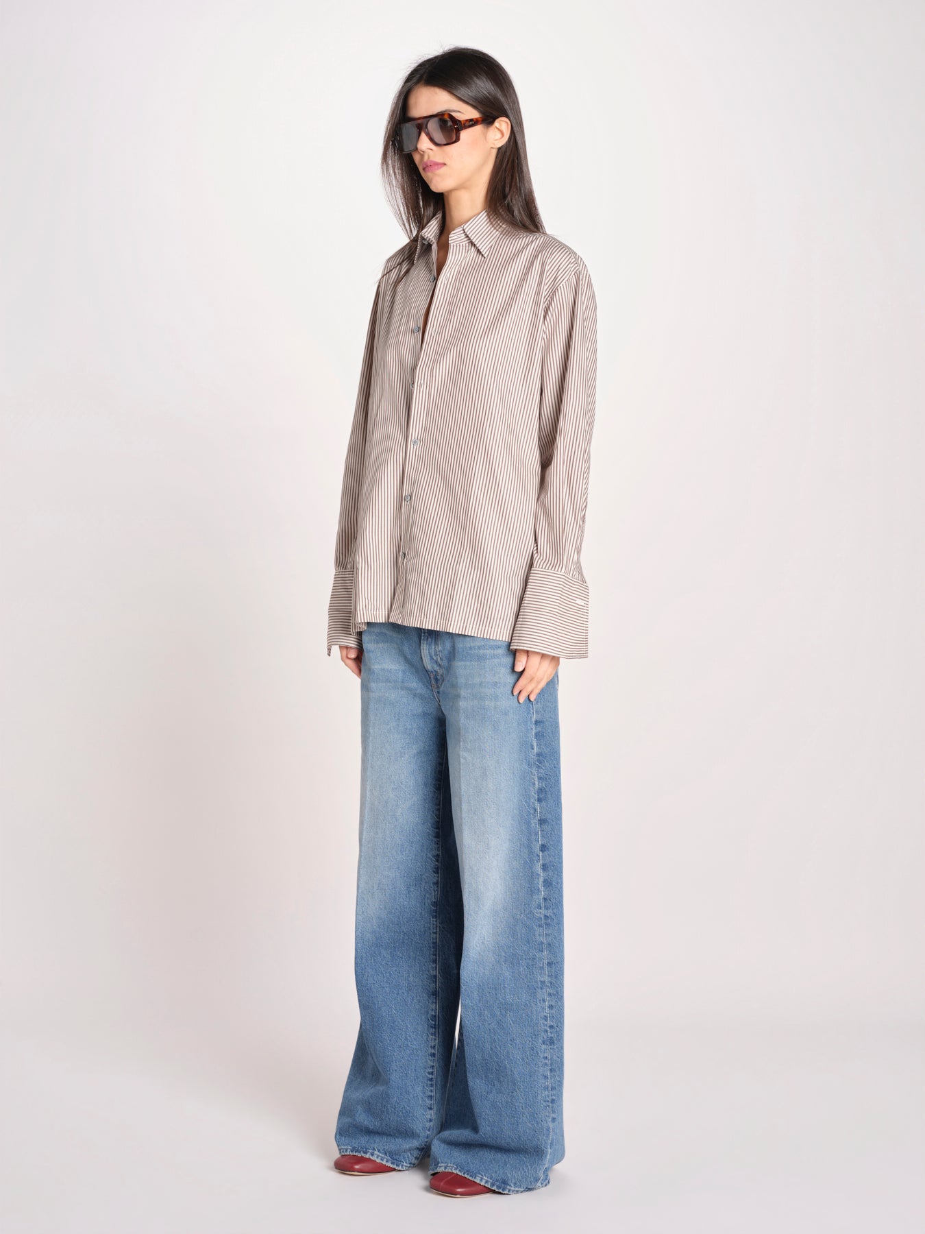 camicia a righe 16T524CO253 P158 BROWN ECRU ines de la fressange 
