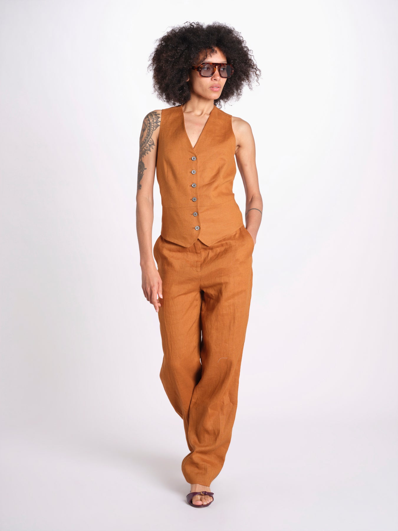 gilet in lino 16V528LI011 P632 CHESTNUT ines de la fressange 