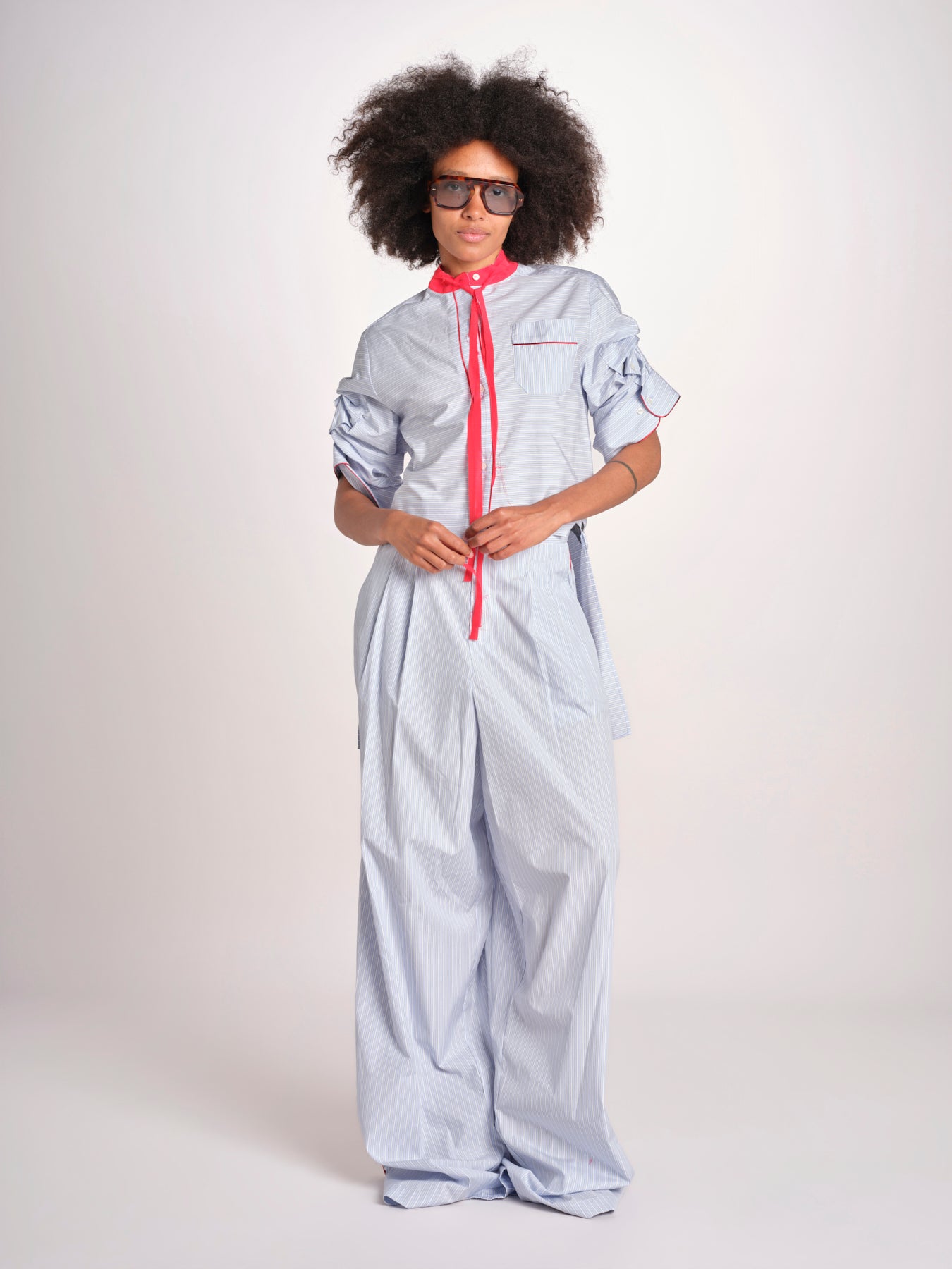camicia maniche corte a righe con piping BERTA LIGHT BLUE STRIPES jejia 