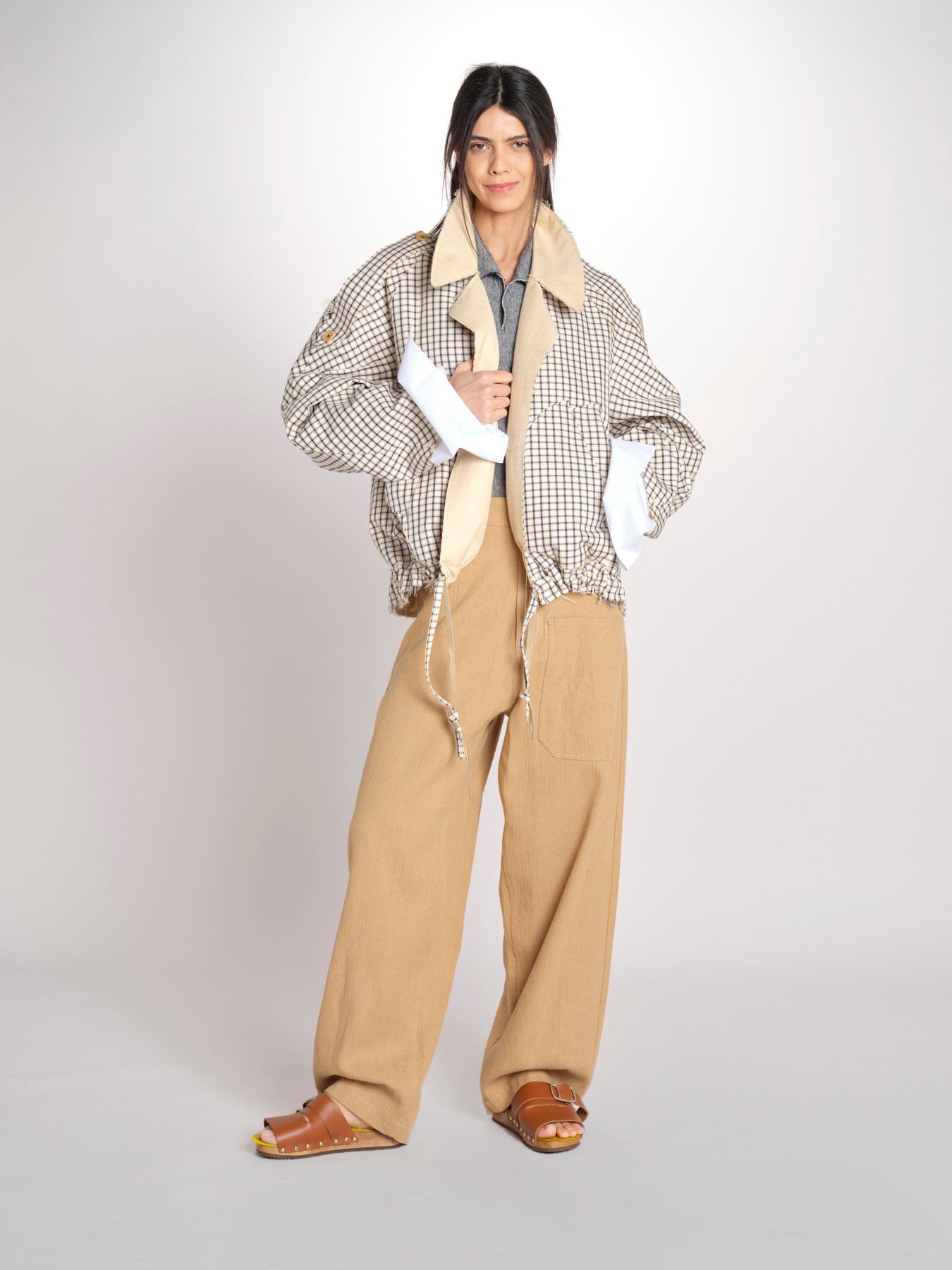 Giubbotto a quadretti reversibile BOMBERTRENCH MJD547_108477 BEIGE BLUE CHECK jejia 