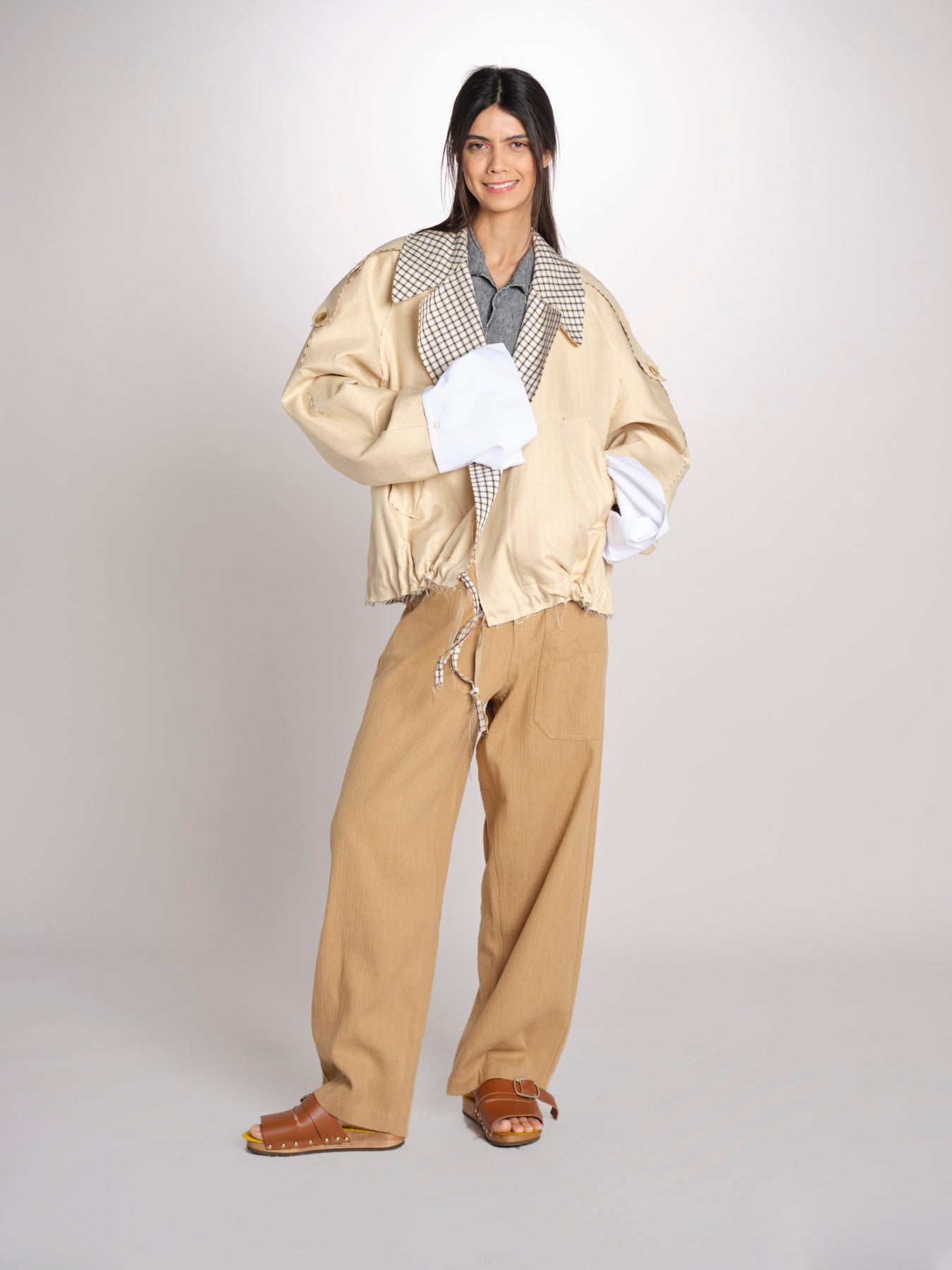 Giubbotto a quadretti reversibile BOMBERTRENCH MJD547_108477 BEIGE BLUE CHECK jejia 