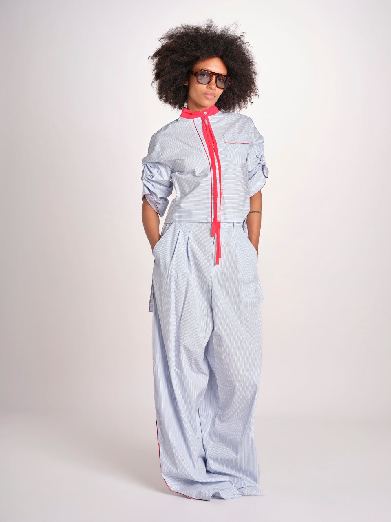 pantalone a righe con piping ELSA MJD266 LIGHT BLUE STIPES jejia 