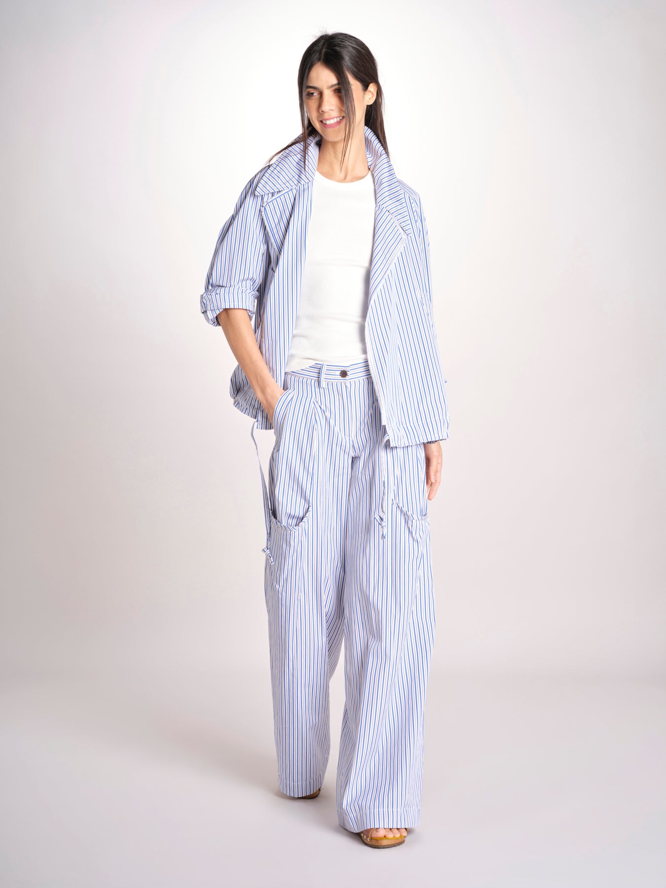pantalone in popeline a righe RYAN MJD250_ATEX93 BLUE WHITE STRIPES jejia 