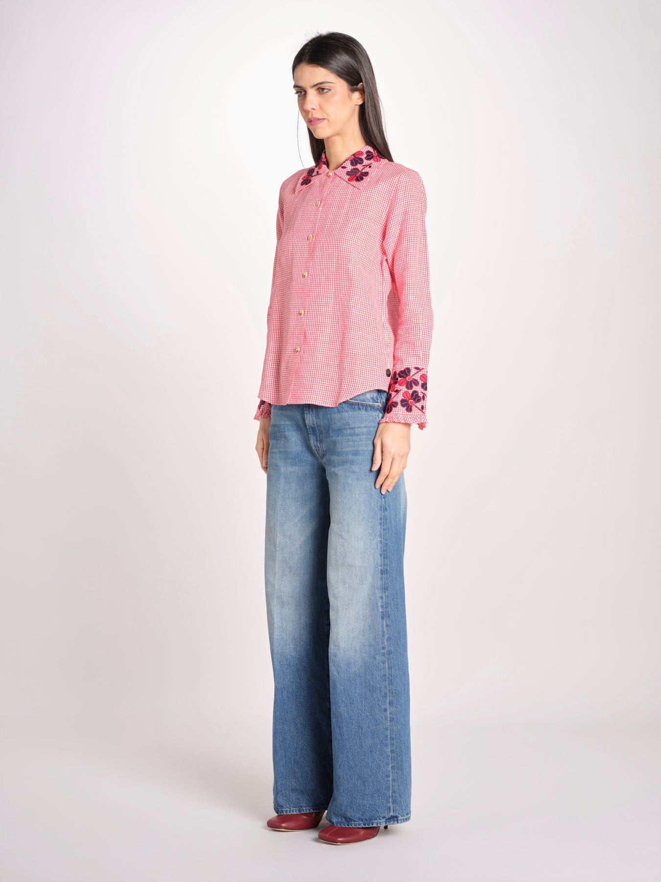 camicia in tessuto pesante collo e polsi ricamato ALVINA RED CHECKS jupe by jackie 