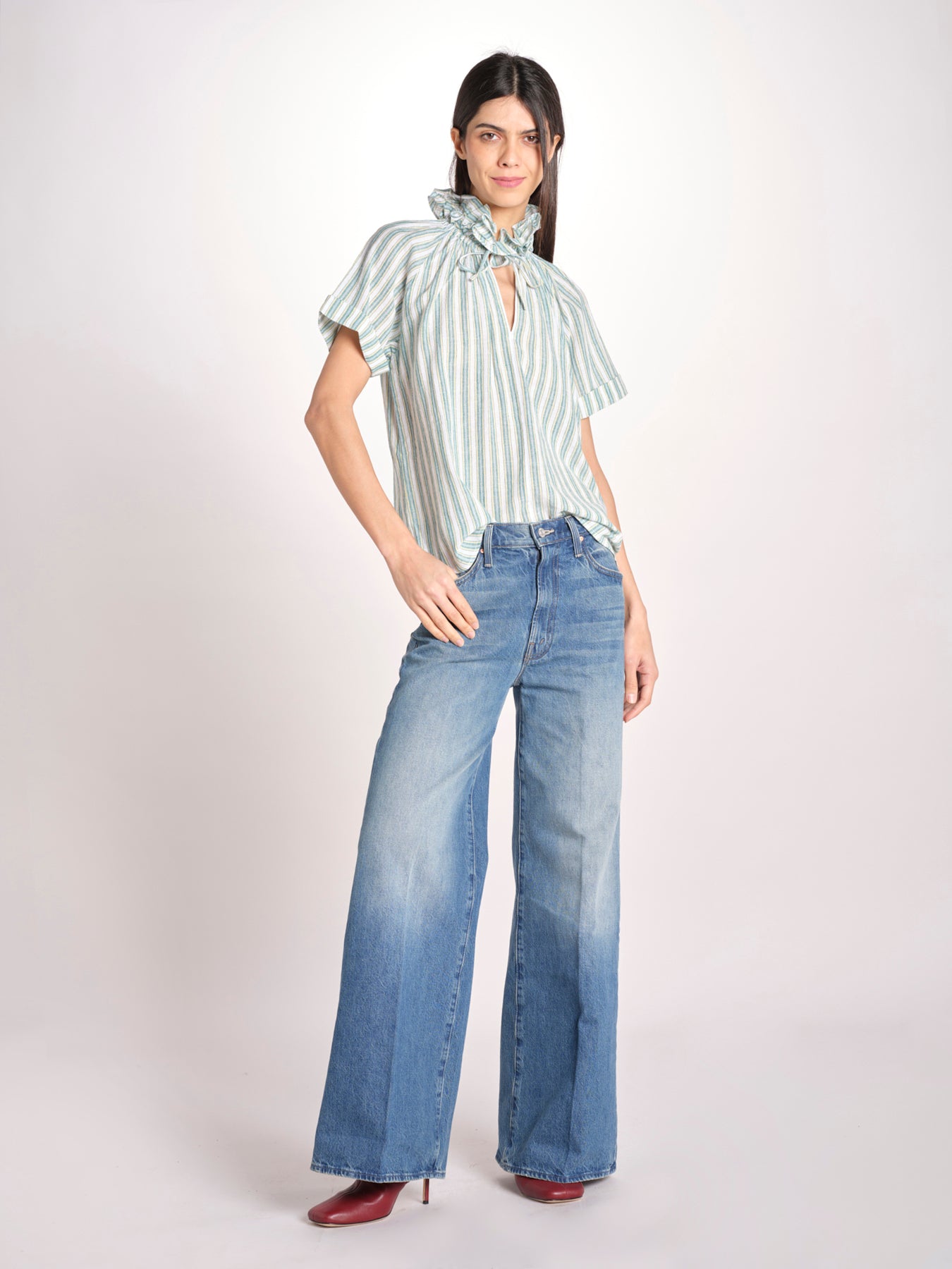 Camicia a righe e collo con rouches ESCARGOT SH71RESCARG-GRE GREEN STRIPES laurence bras 