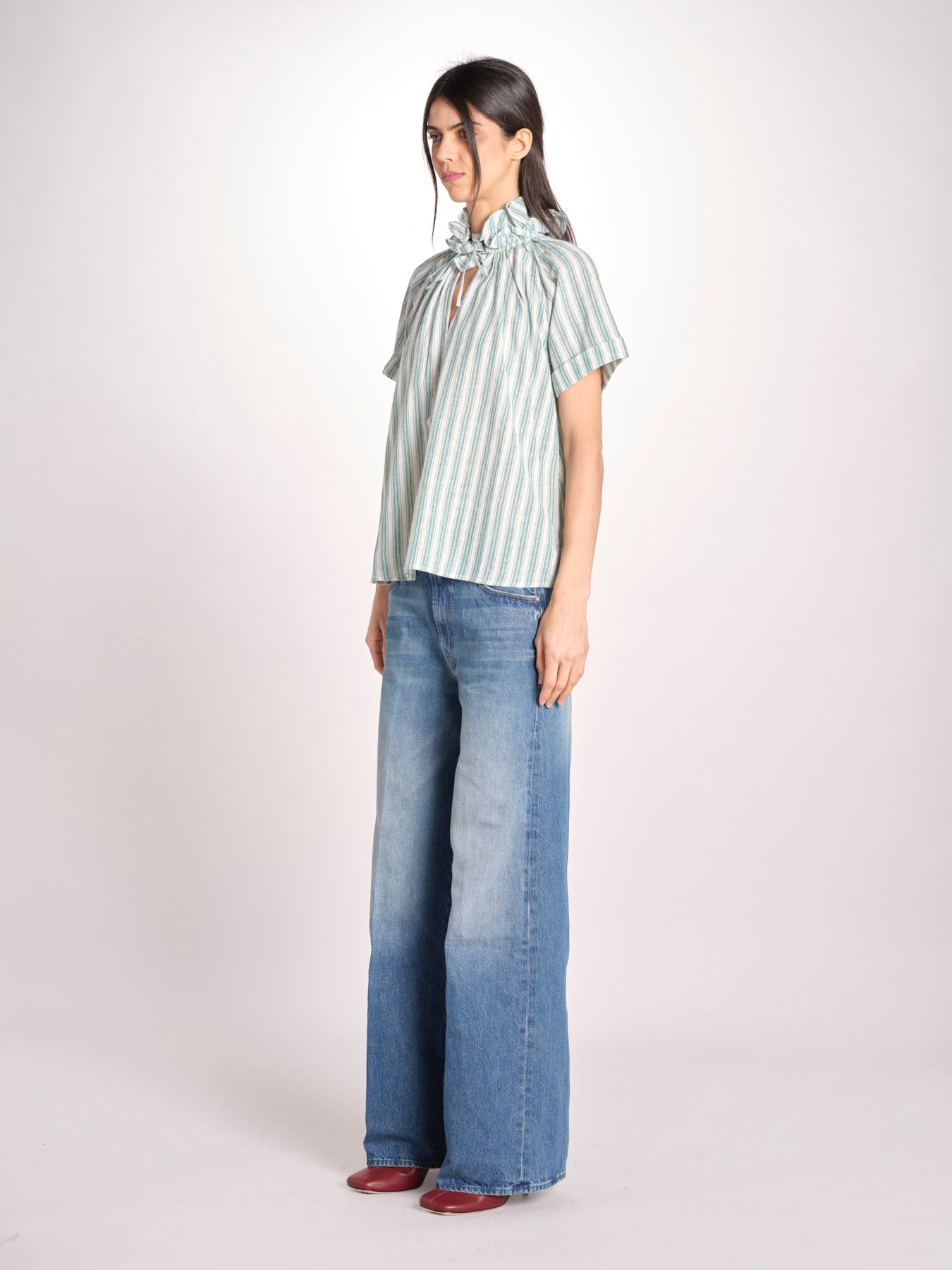Camicia a righe e collo con rouches ESCARGOT SH71RESCARG-GRE GREEN STRIPES laurence bras 