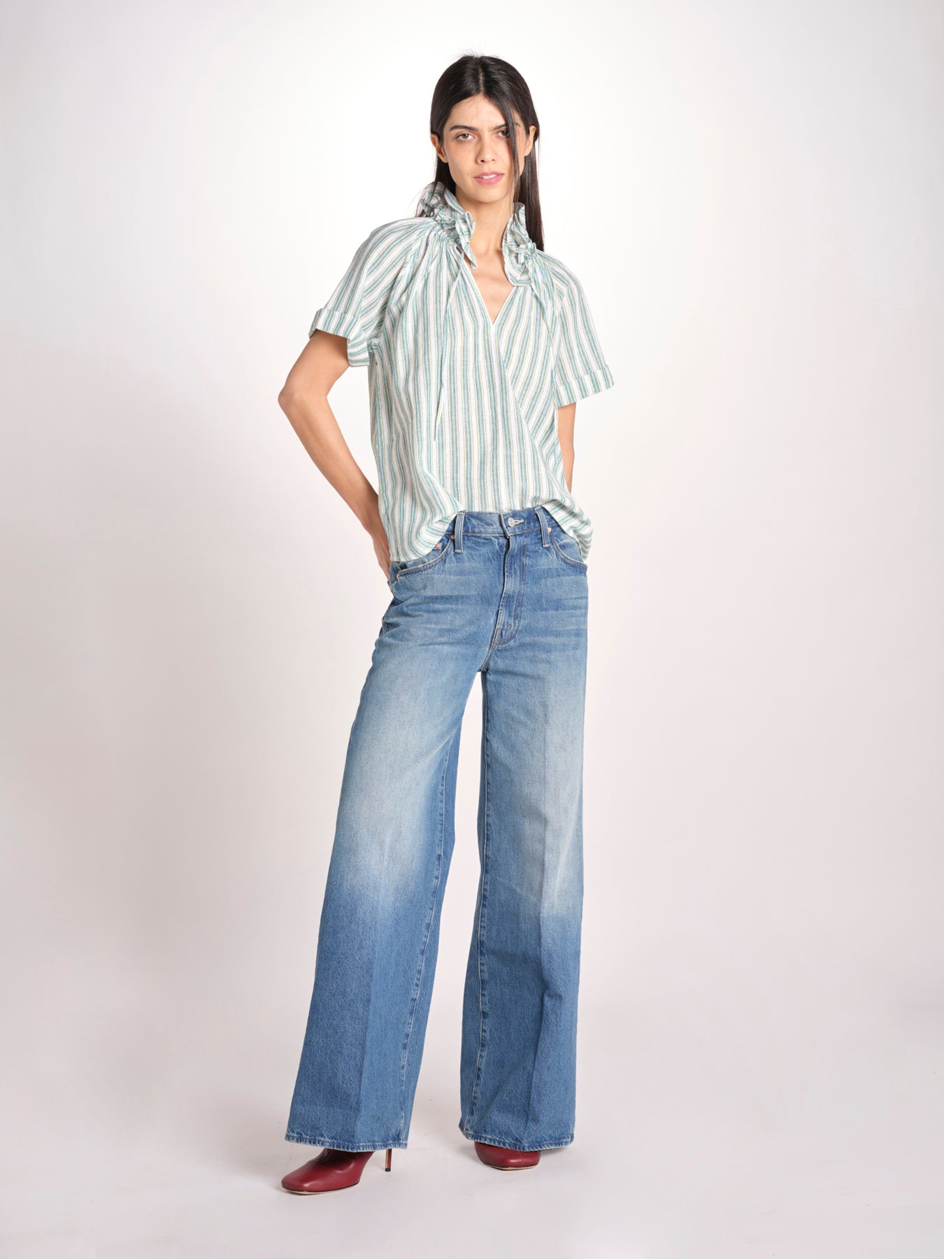 Camicia a righe e collo con rouches ESCARGOT SH71RESCARG-GRE GREEN STRIPES laurence bras 