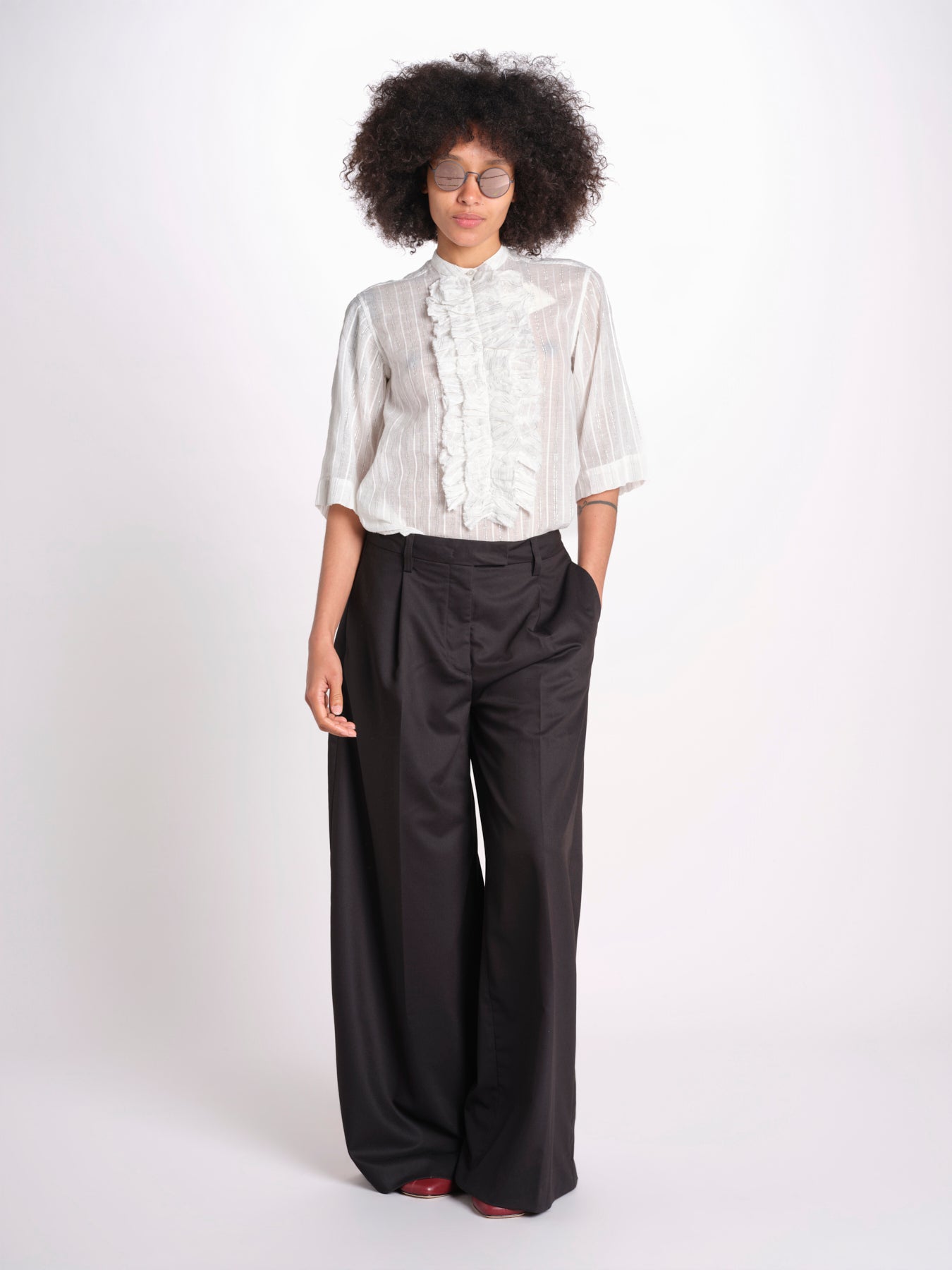 camicia gessata argento con rouches MAGRITASHORTSH73UMAGRIT-WHI WHITE laurence bras 