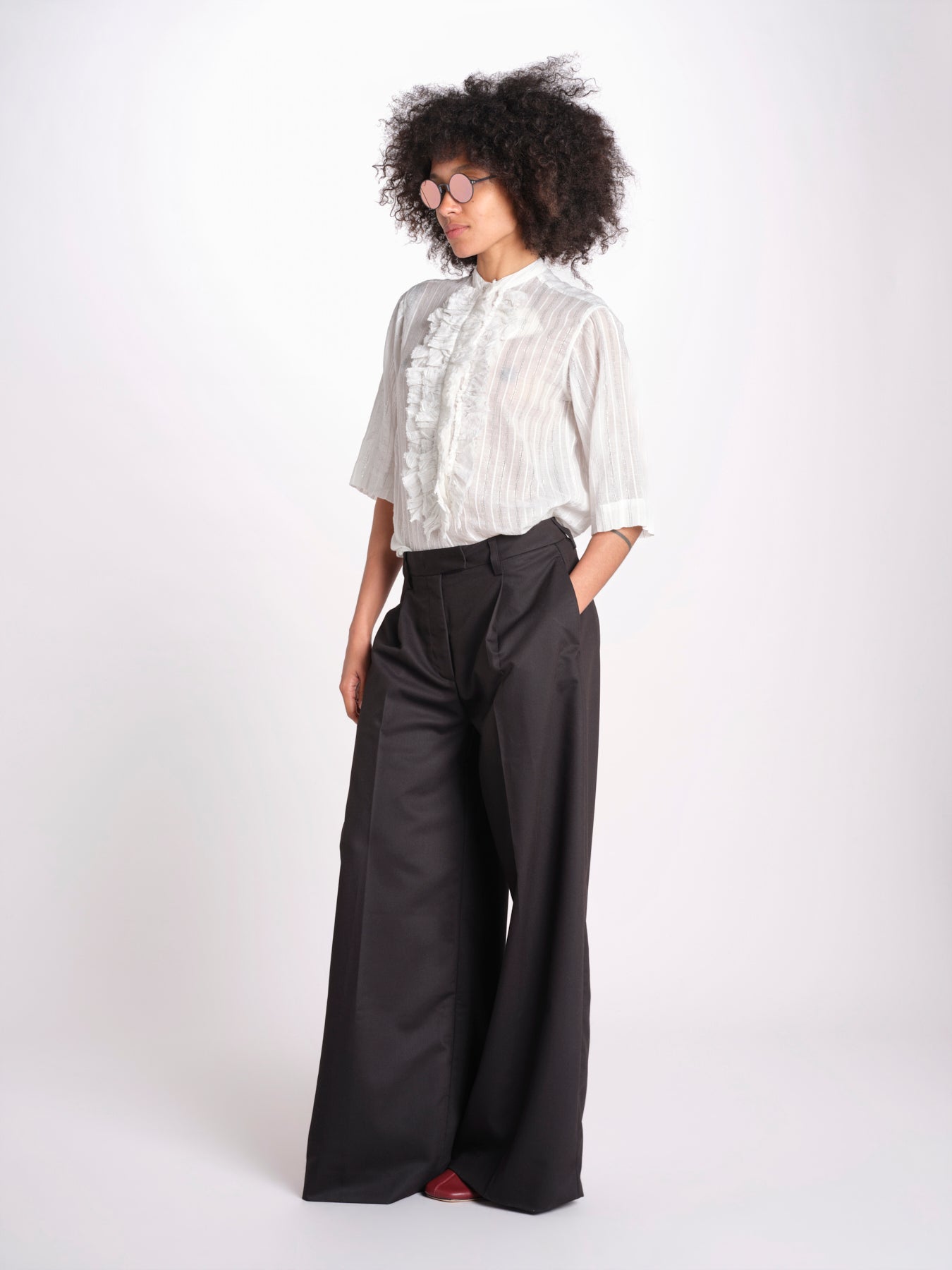camicia gessata argento con rouches MAGRITASHORTSH73UMAGRIT-WHI WHITE laurence bras 