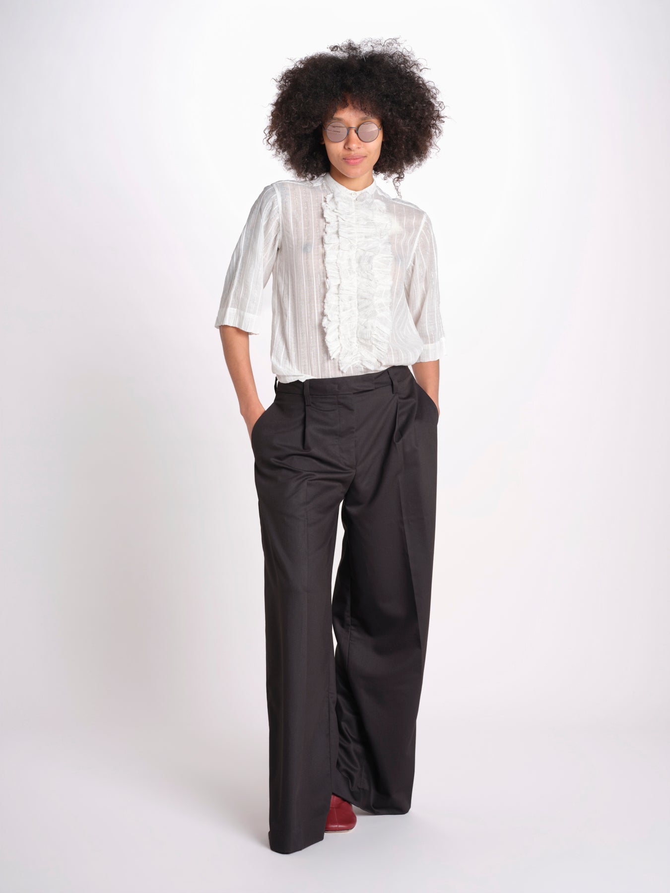 camicia gessata argento con rouches MAGRITASHORTSH73UMAGRIT-WHI WHITE laurence bras 