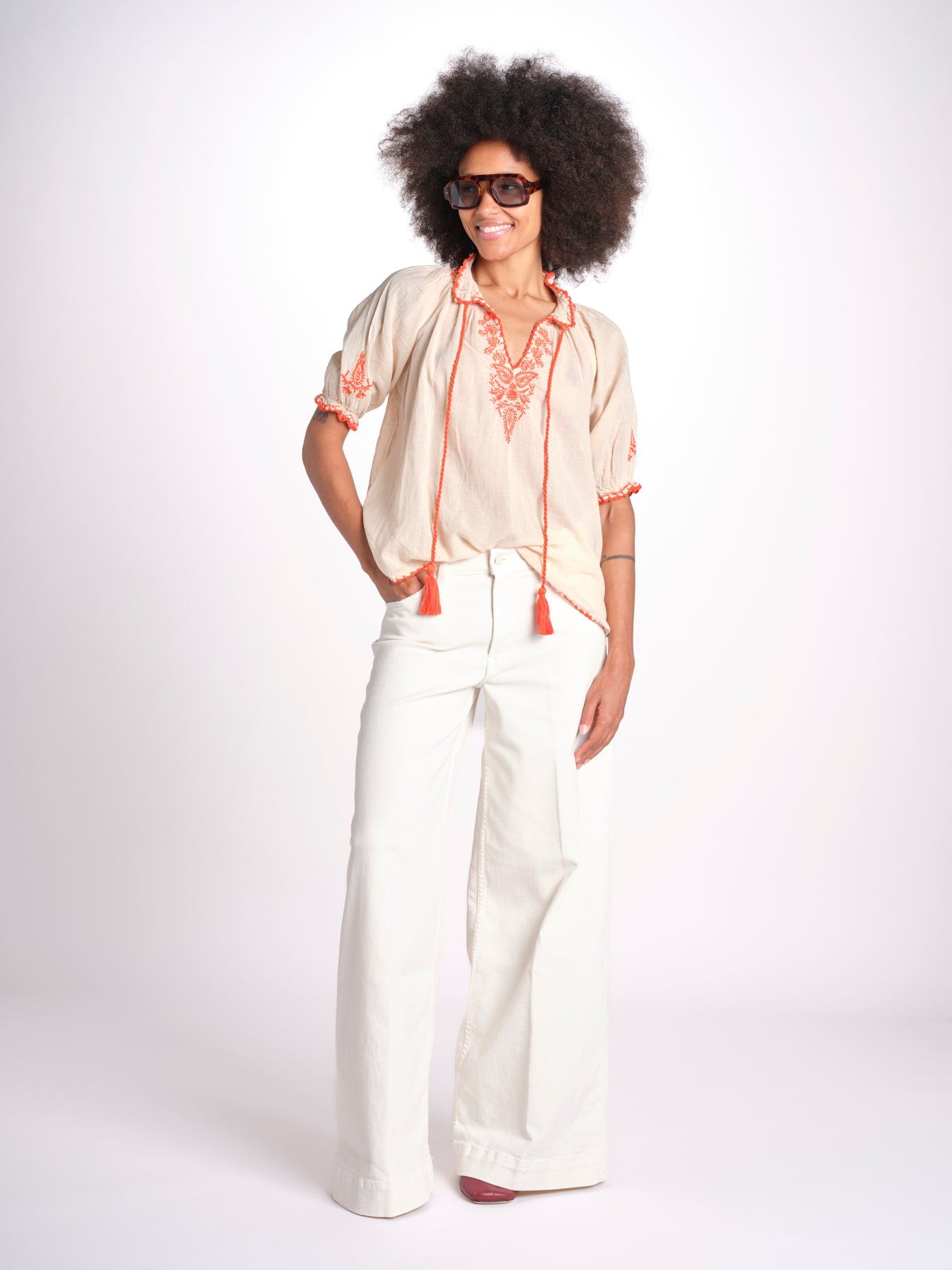 camicia con ricamo uncinetto TALIA 748398 BEIGE ORANGE mabe 