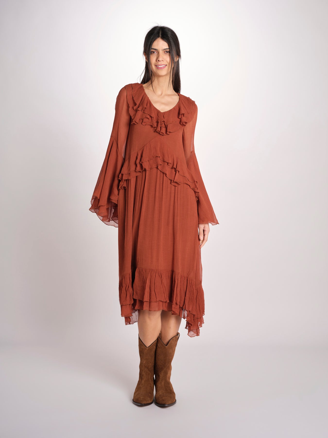 abito in chiffon con maniche over WILHELMINA RUGGINE malina 