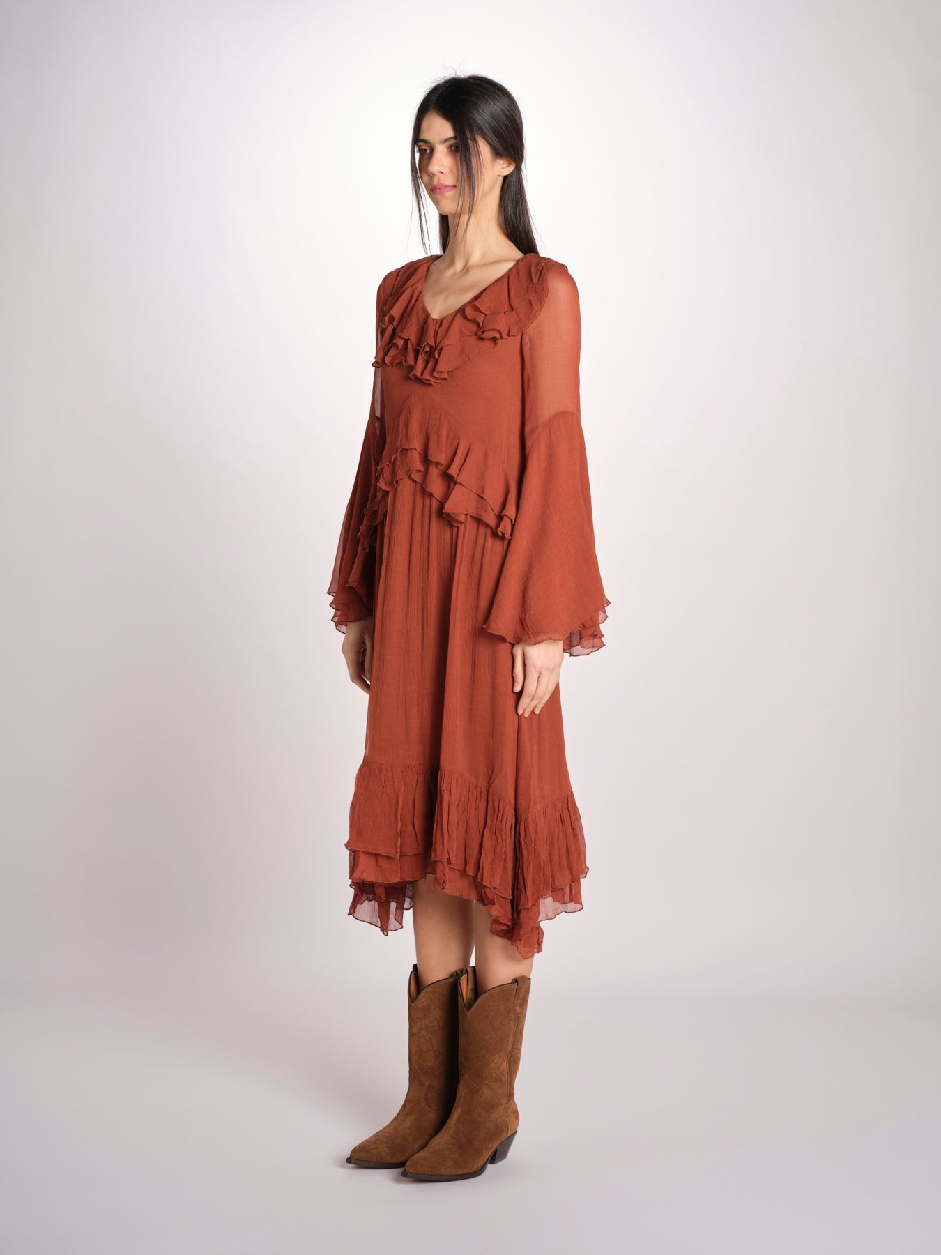 abito in chiffon con maniche over WILHELMINA RUGGINE malina 