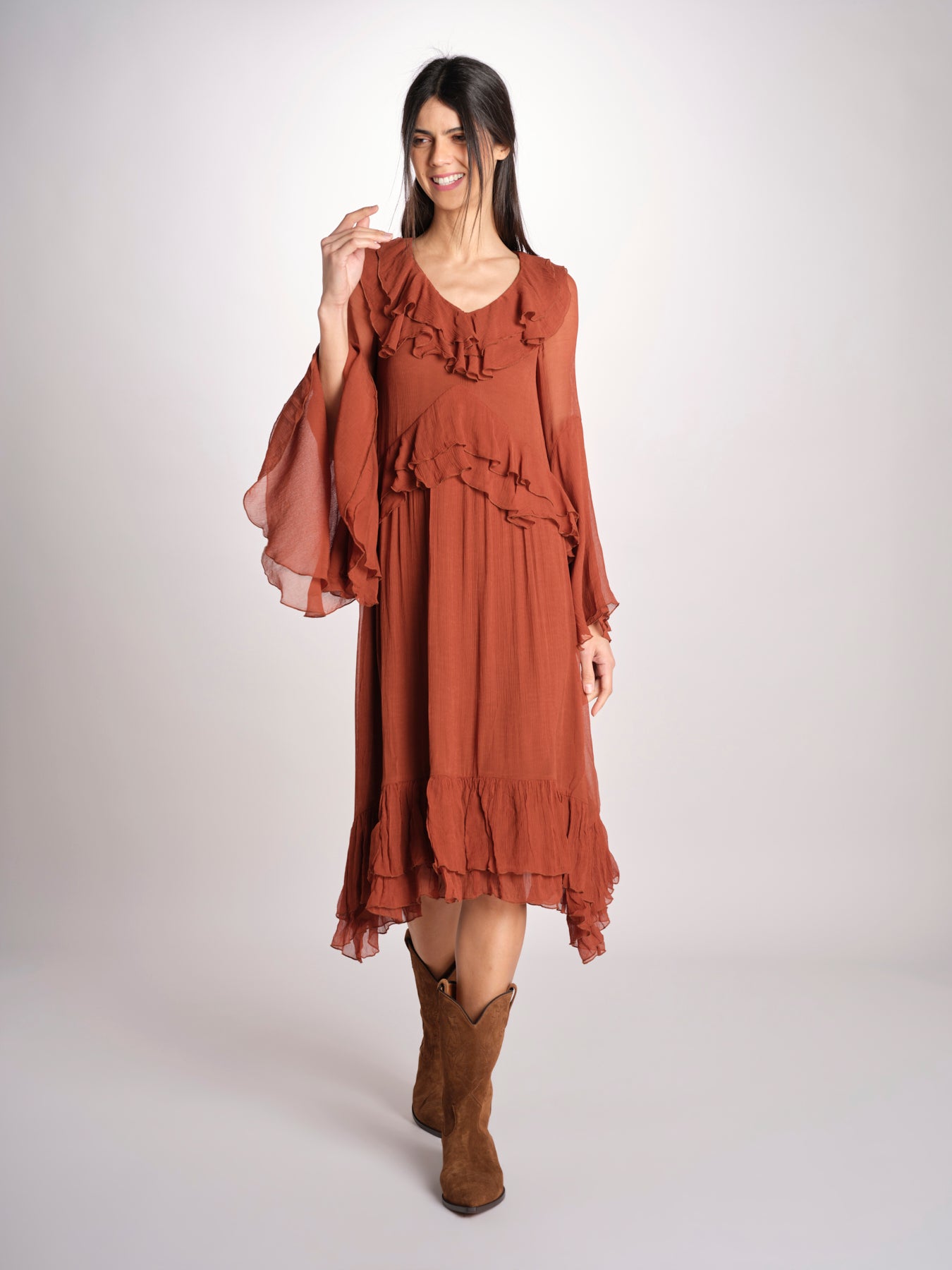 abito in chiffon con maniche over WILHELMINA RUGGINE malina 