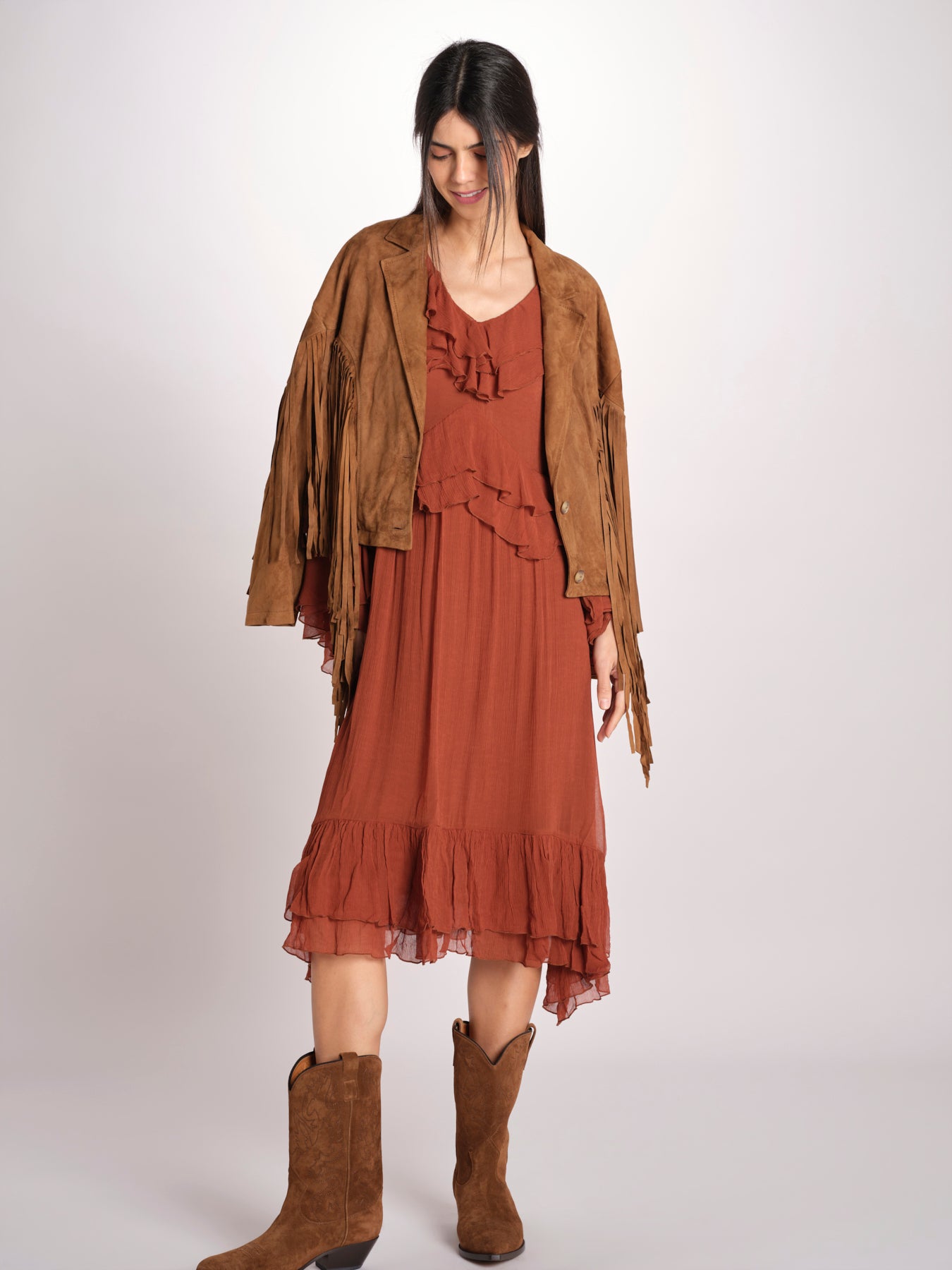 abito in chiffon con maniche over WILHELMINA RUGGINE malina 