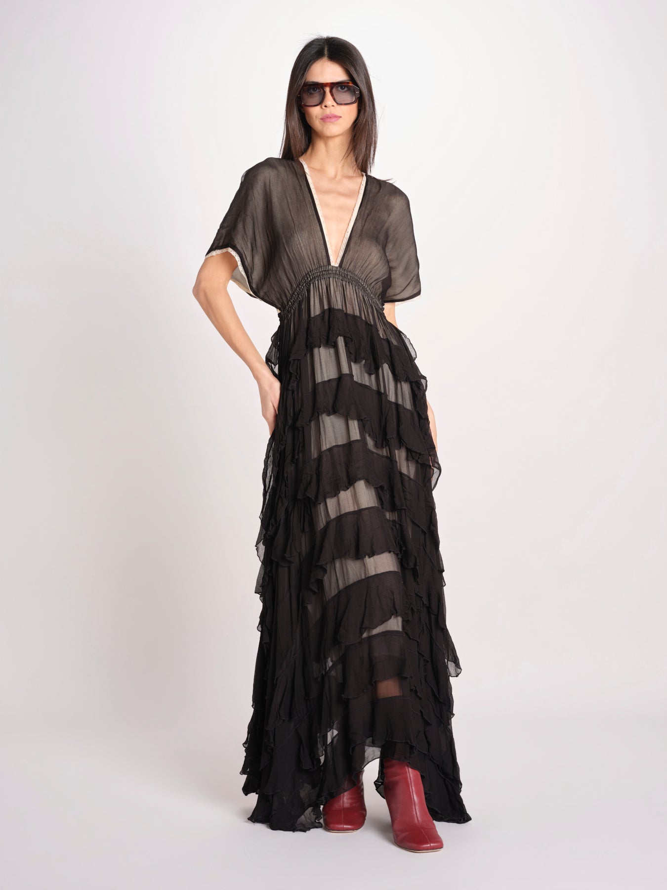abito lungo a balze CHARLOTTE BLACK ECRU mes demoiselles 