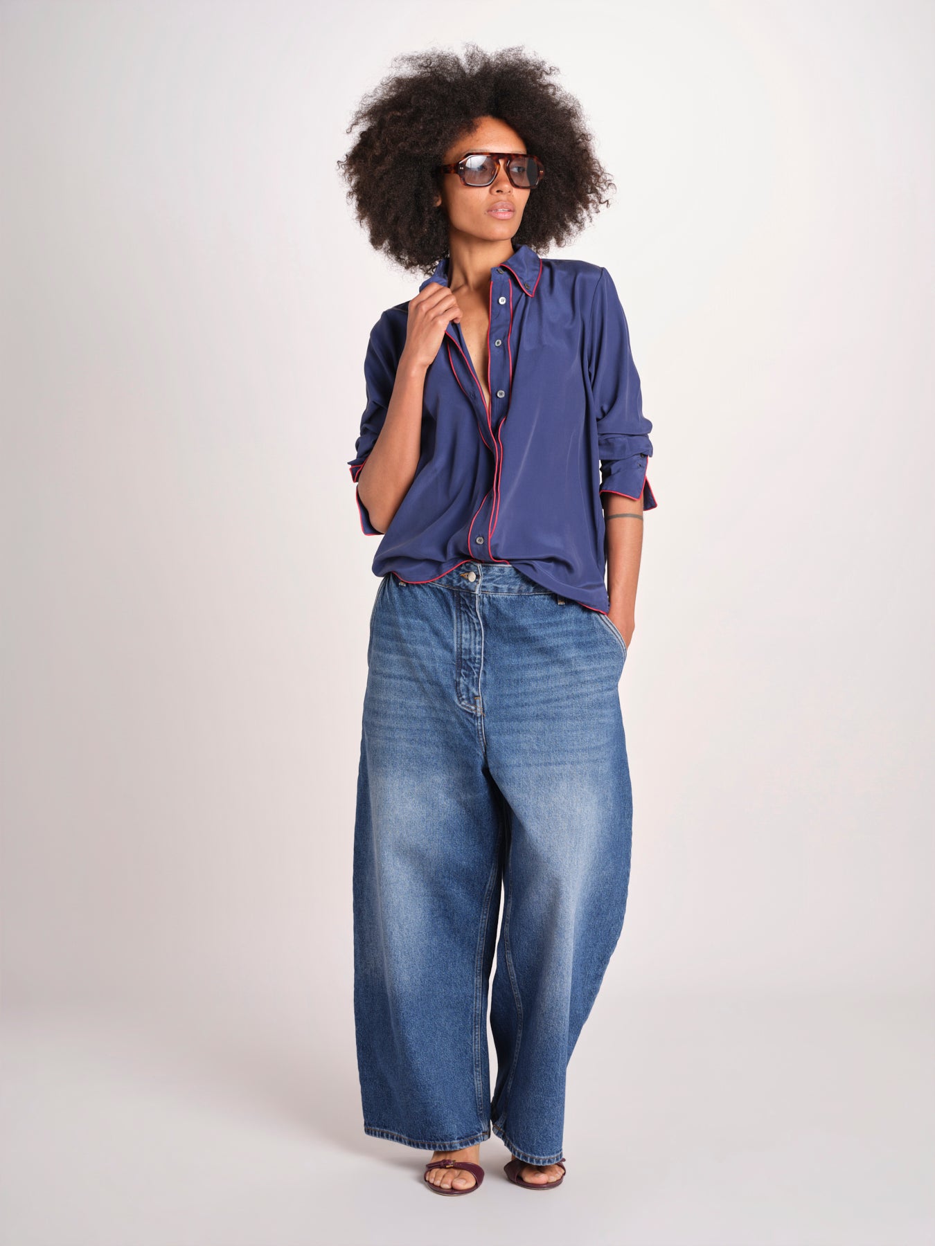 camicia in seta con bordino rosso ANTHEA BLU milaura 