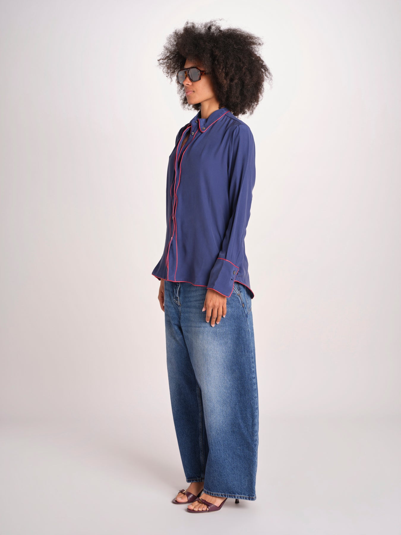 camicia in seta con bordino rosso ANTHEA BLU milaura 