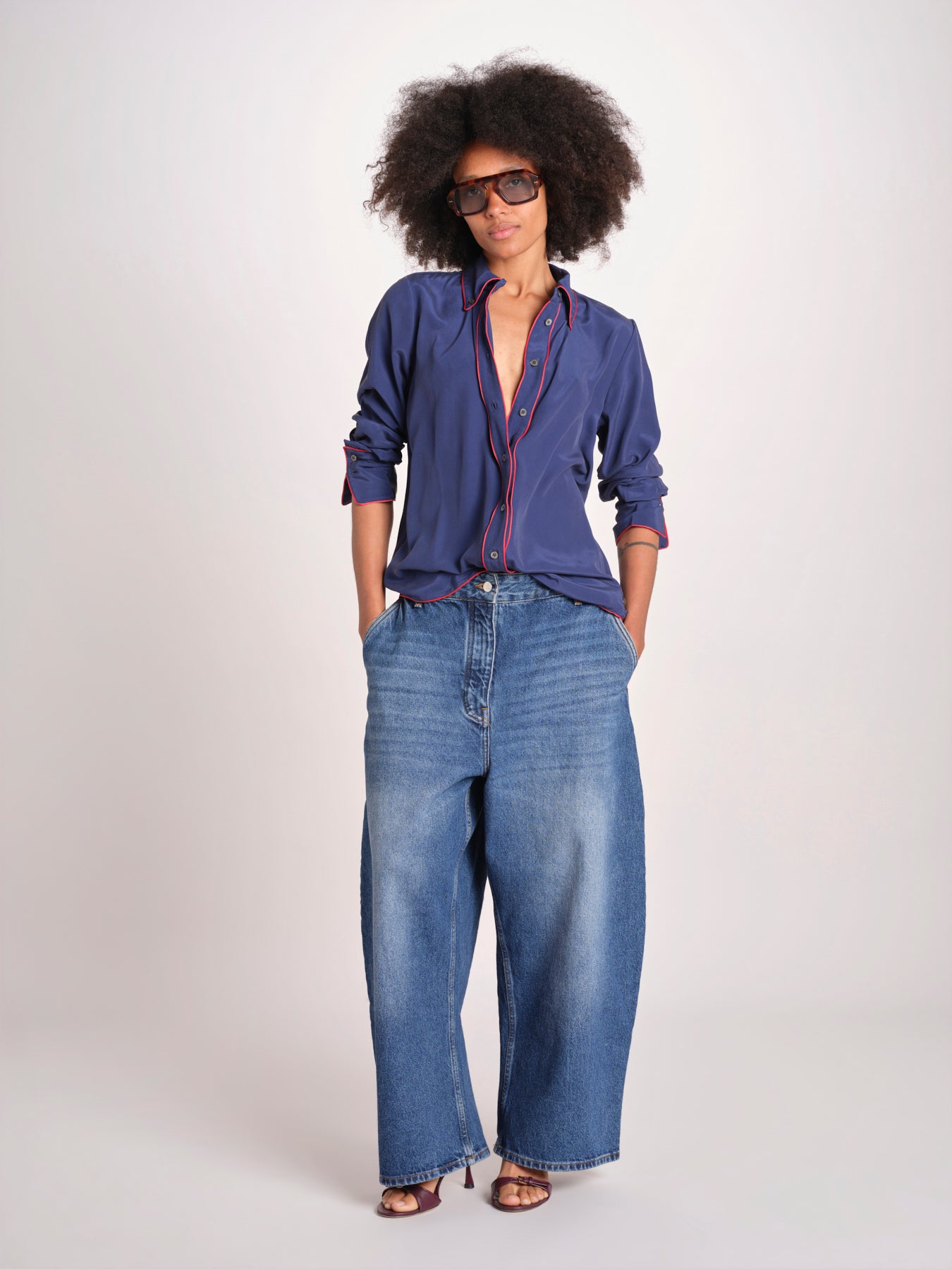camicia in seta con bordino rosso ANTHEA BLU milaura 