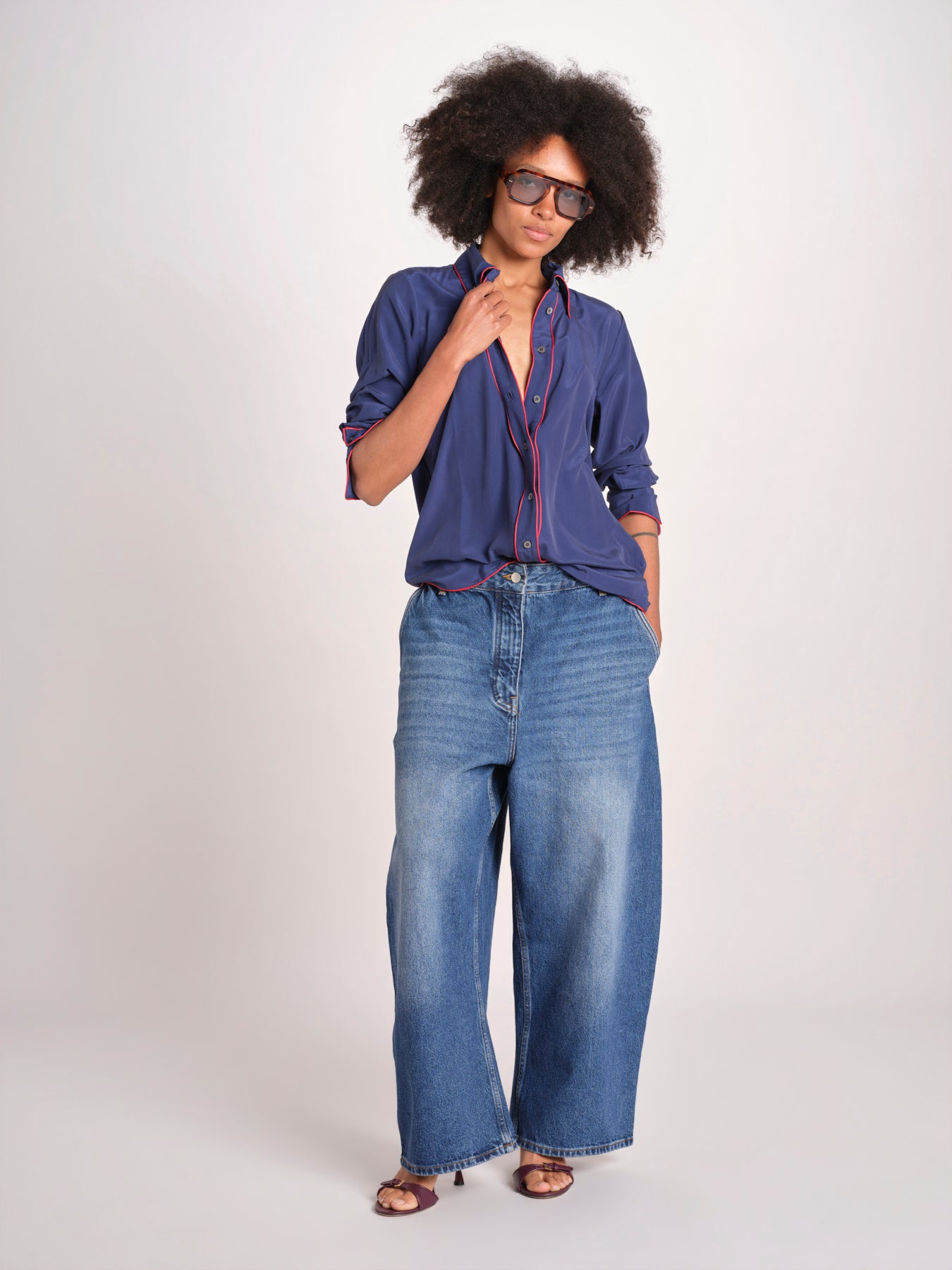 camicia in seta con bordino rosso ANTHEA BLU milaura 