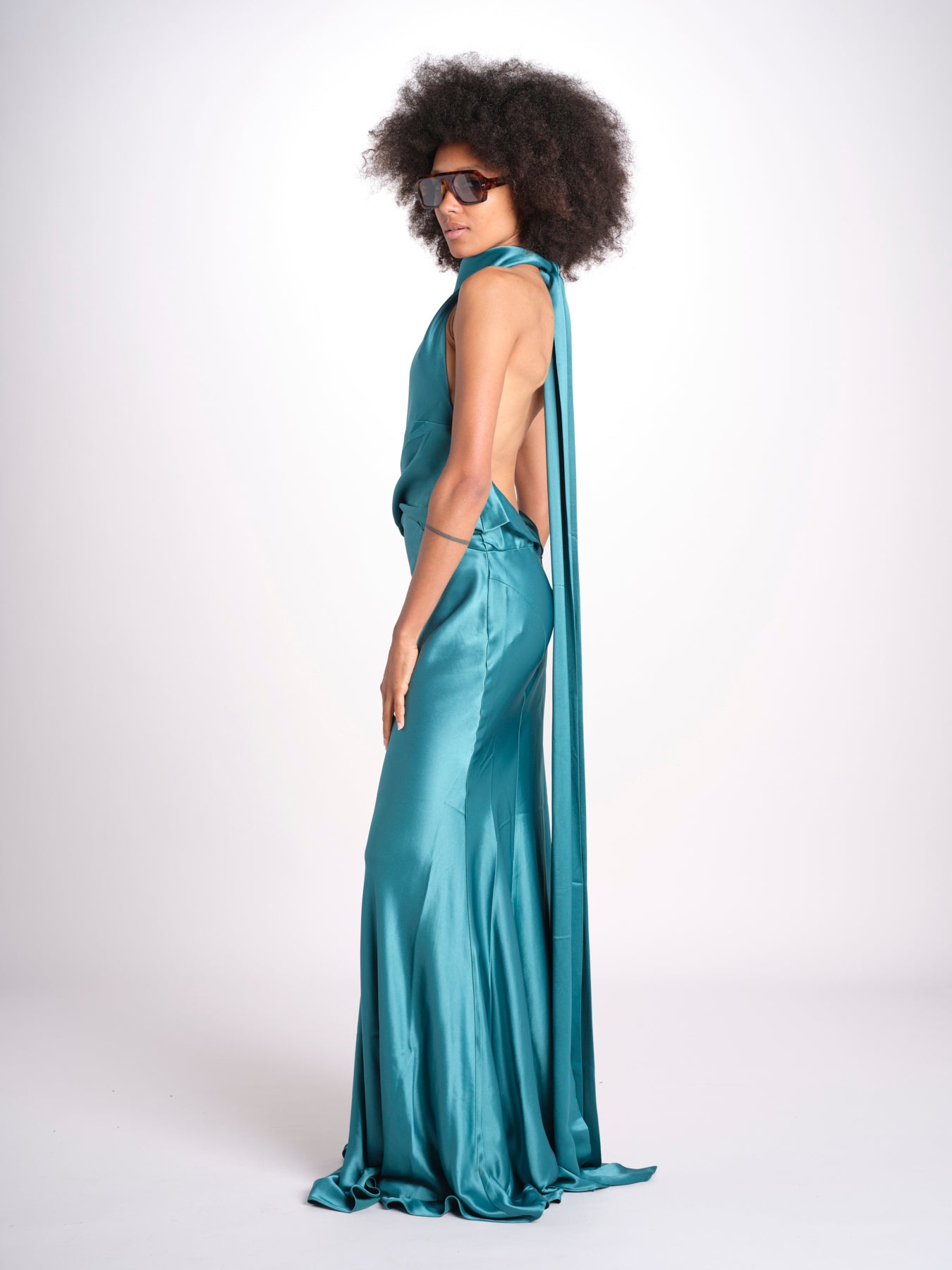 abito lungo in seta con nodo sul retro THE CAMERON DR287 TEAL BLUE misha 