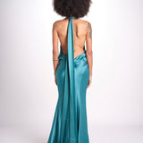 abito lungo in seta con nodo sul retro THE CAMERON DR287 TEAL BLUE misha 