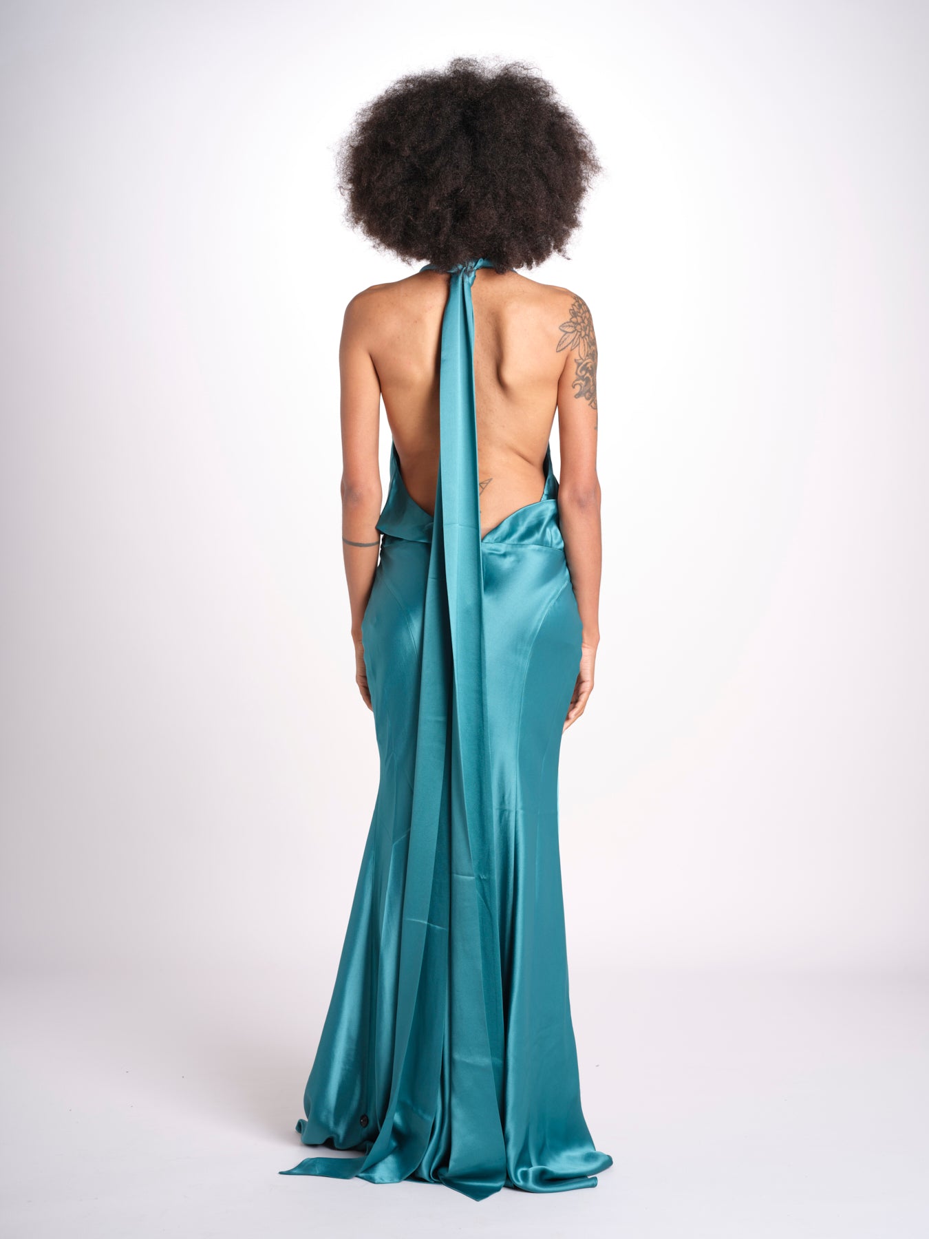 abito lungo in seta con nodo sul retro THE CAMERON DR287 TEAL BLUE misha 