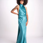 abito lungo in seta con nodo sul retro THE CAMERON DR287 TEAL BLUE misha 