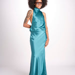 abito lungo in seta con nodo sul retro THE CAMERON DR287 TEAL BLUE misha 