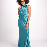 abito lungo in seta con nodo sul retro THE CAMERON DR287 TEAL BLUE misha 