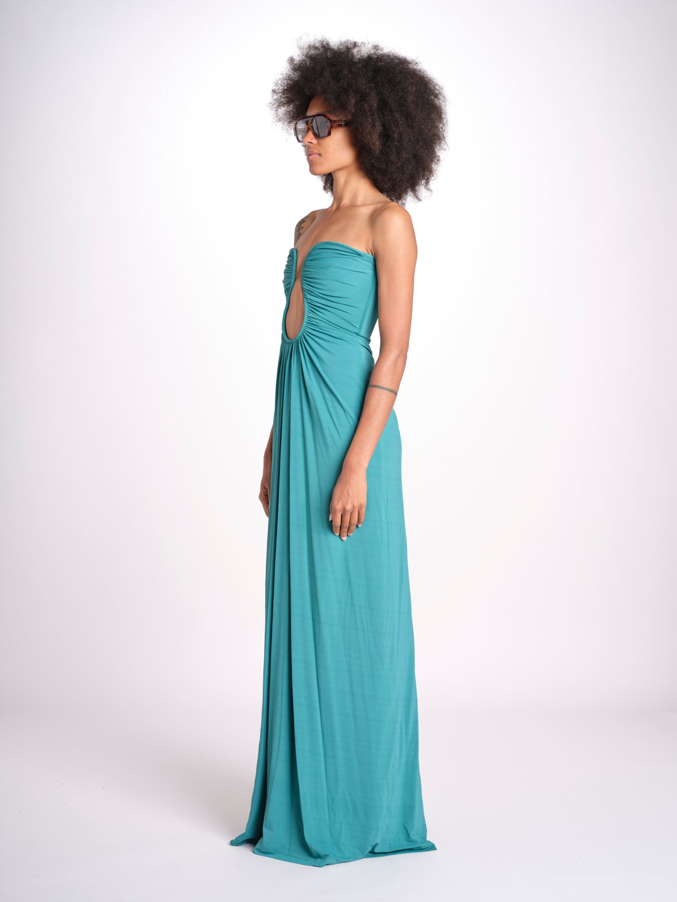 abito lungo con scollo cuore in jersey THE FLORENCE CR339 TEAL BLUE misha 